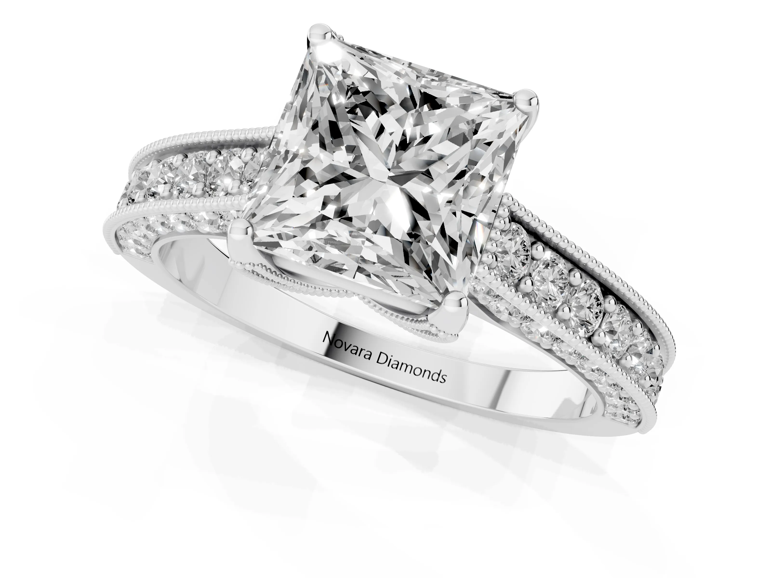 Princess Cut Diamond Solitaire Ring Set in Silver with Milgrain-Edged Pavé Band and Prong Setting