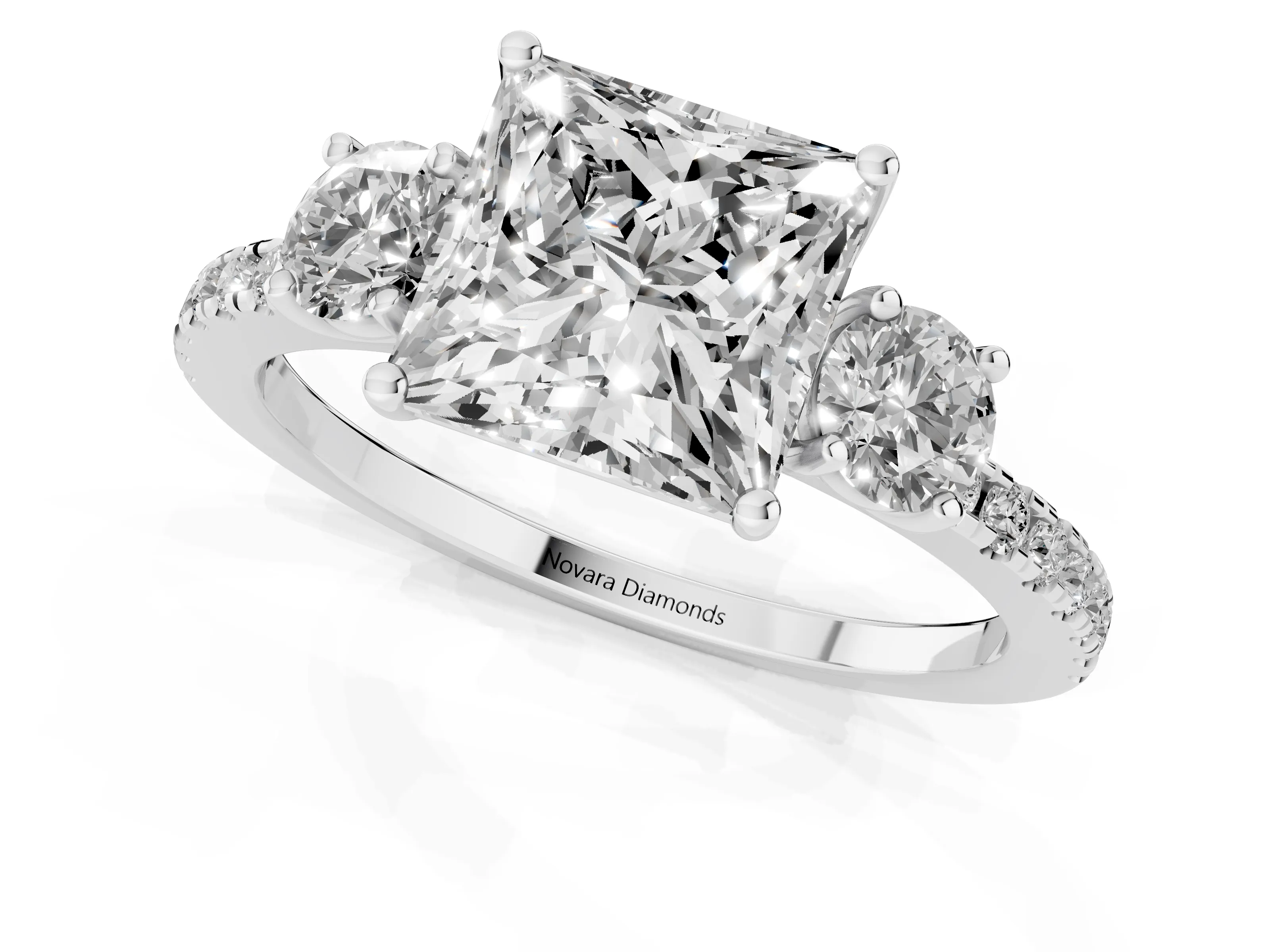 Princess Cut Diamond Three-Stone Ring Set in White gold with Pavé Band and Graduated Sides – second view