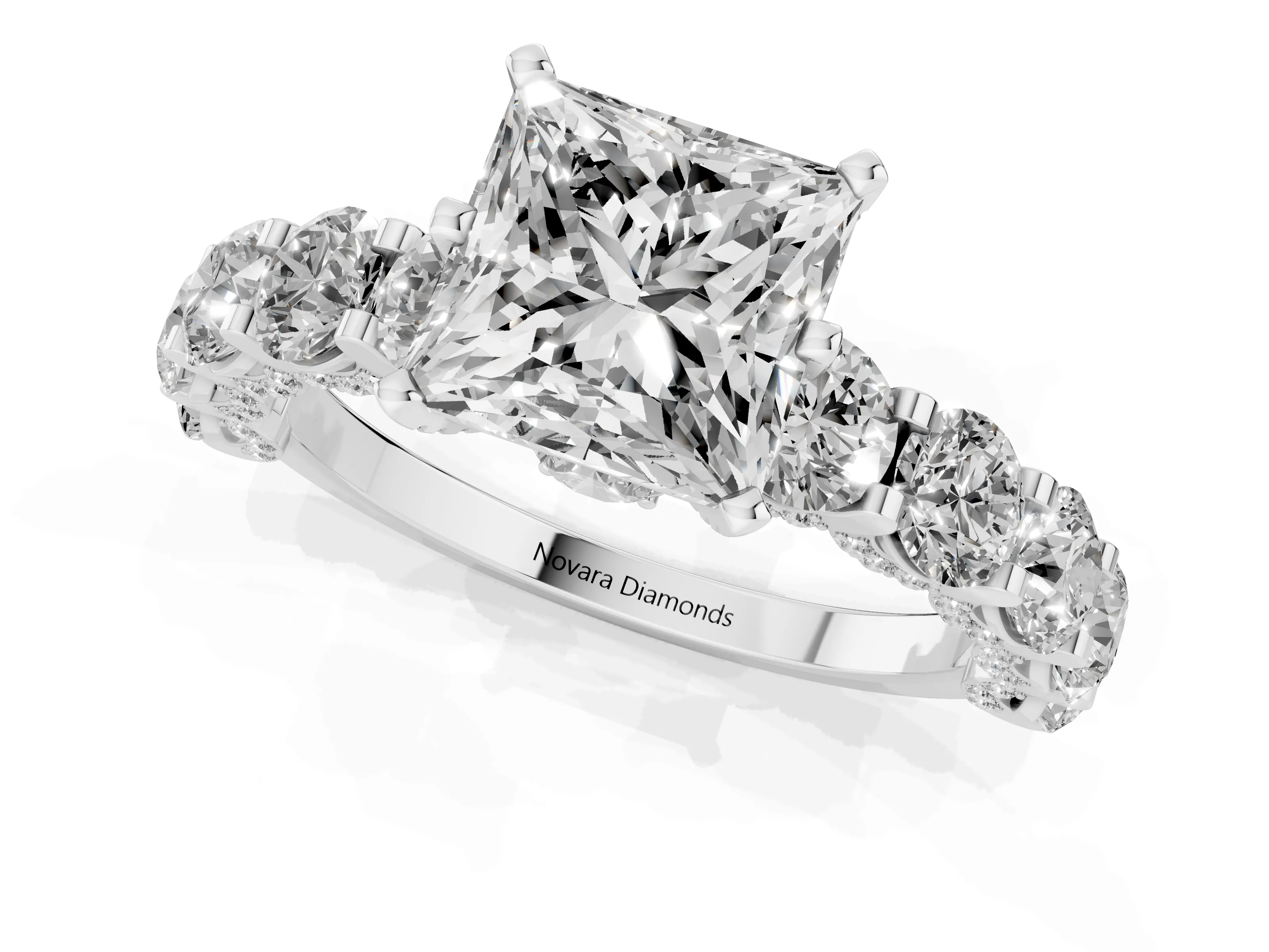 Princess Cut Diamond Side Stone Ring Set in Silver with Alternating Round and Oval Side Stones