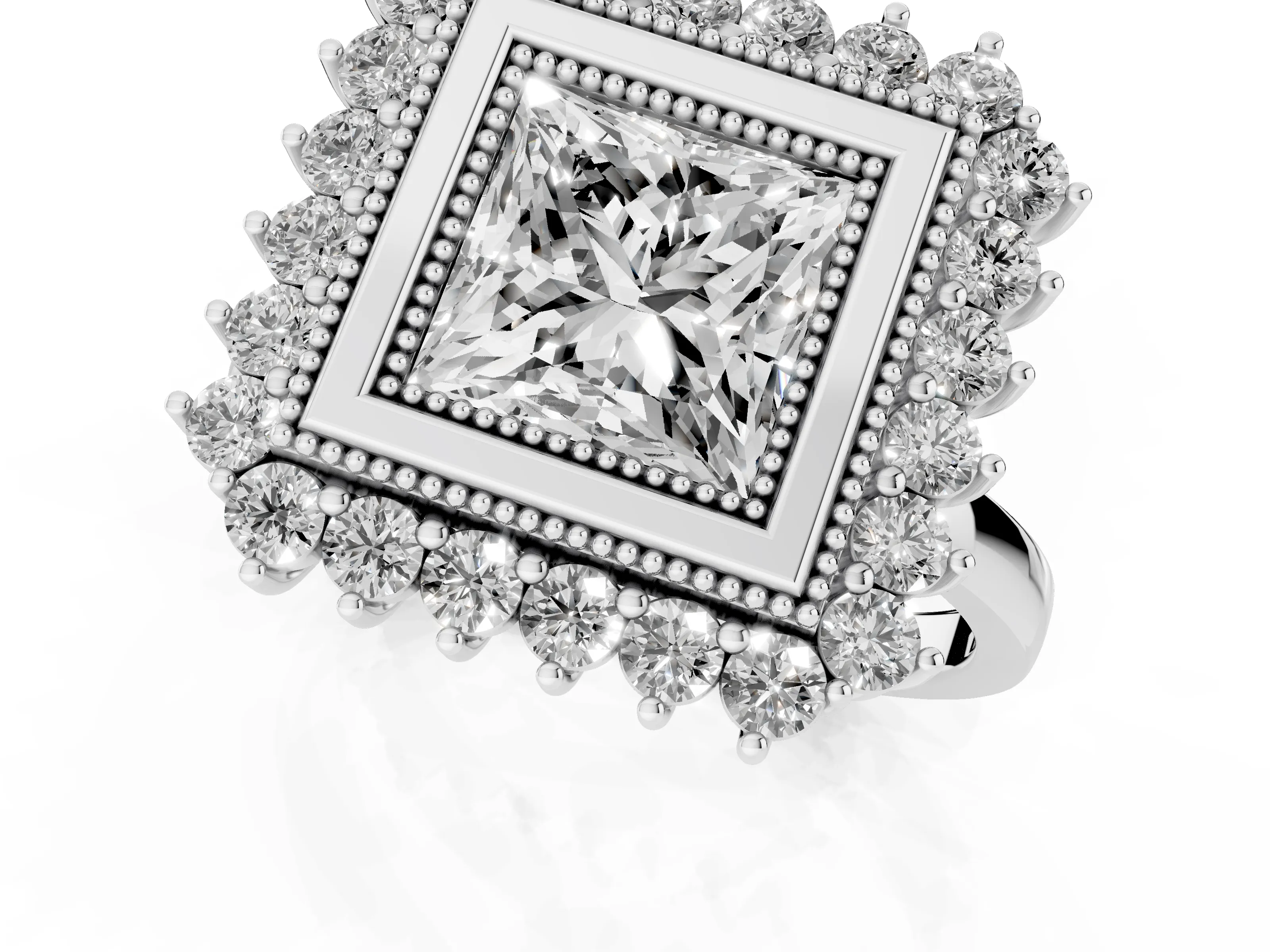 Princess Cut Diamond Halo Ring Set in Silver with Milgrain Edge and Round Prong Setting