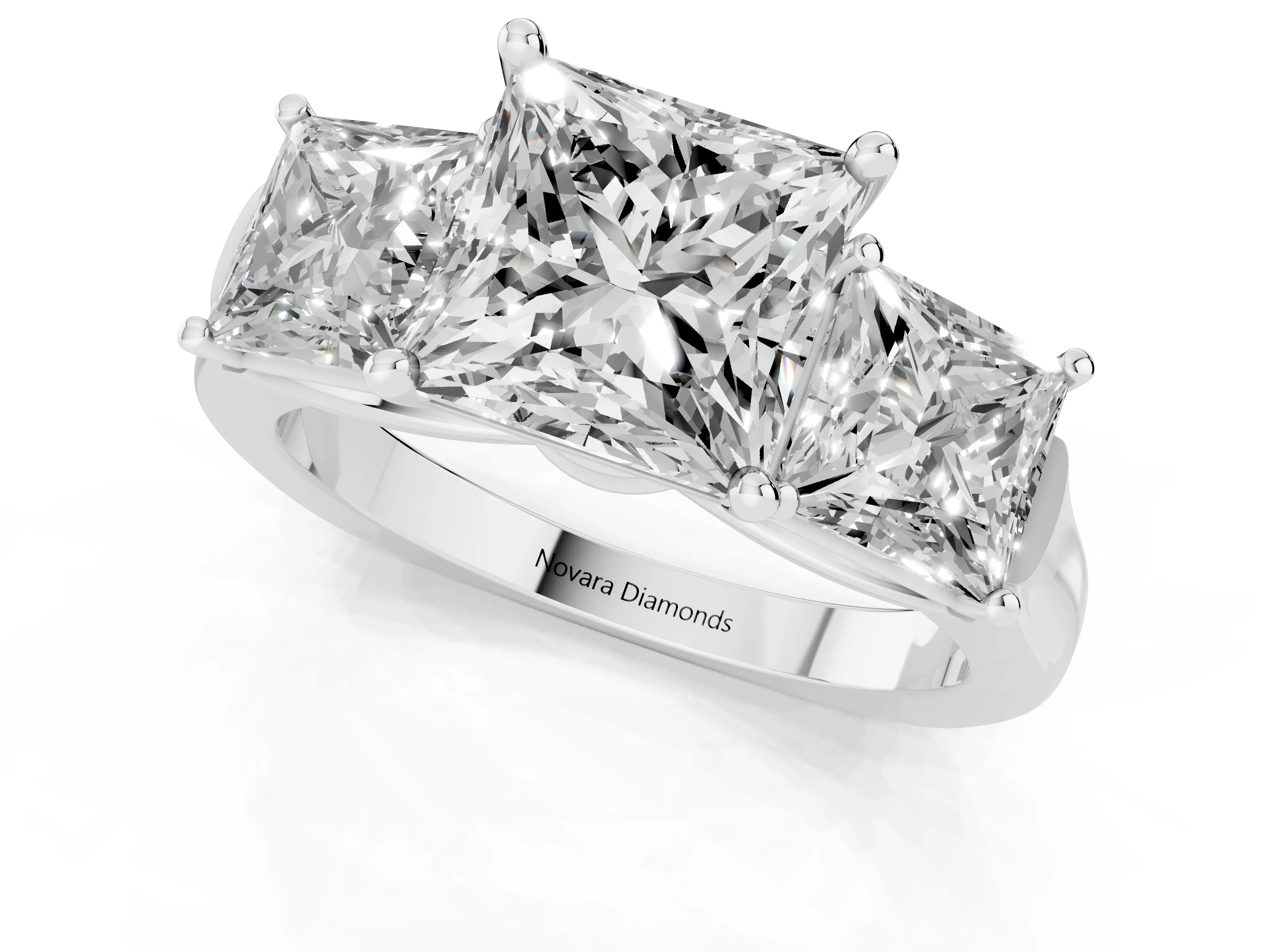 Princess Cut Diamond Three-Stone Trellis Ring Set in White gold with Comfort Fit Band