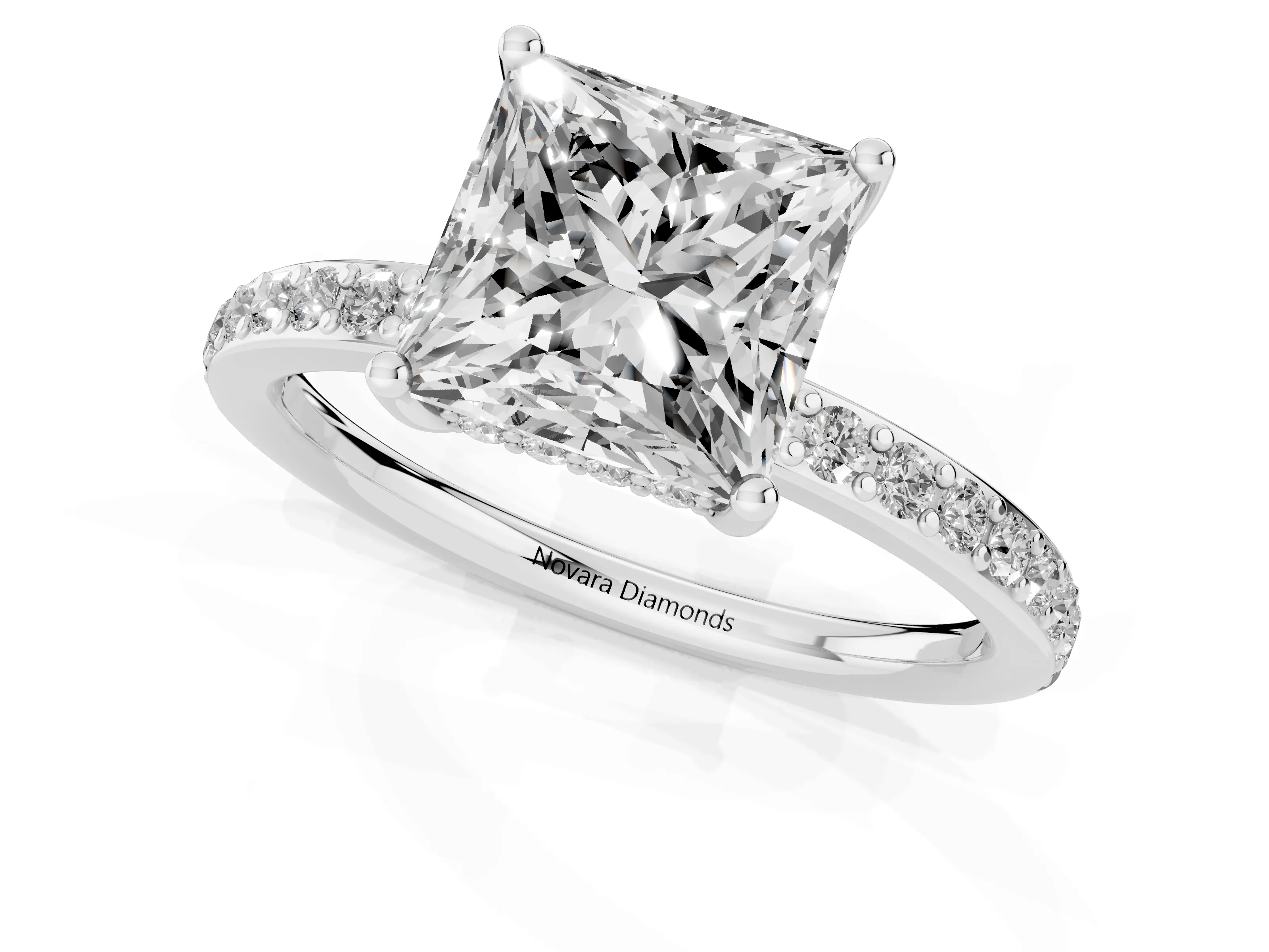 Princess Cut Diamond Pavé Band Ring Set in White gold with Prong-Set Center Stone