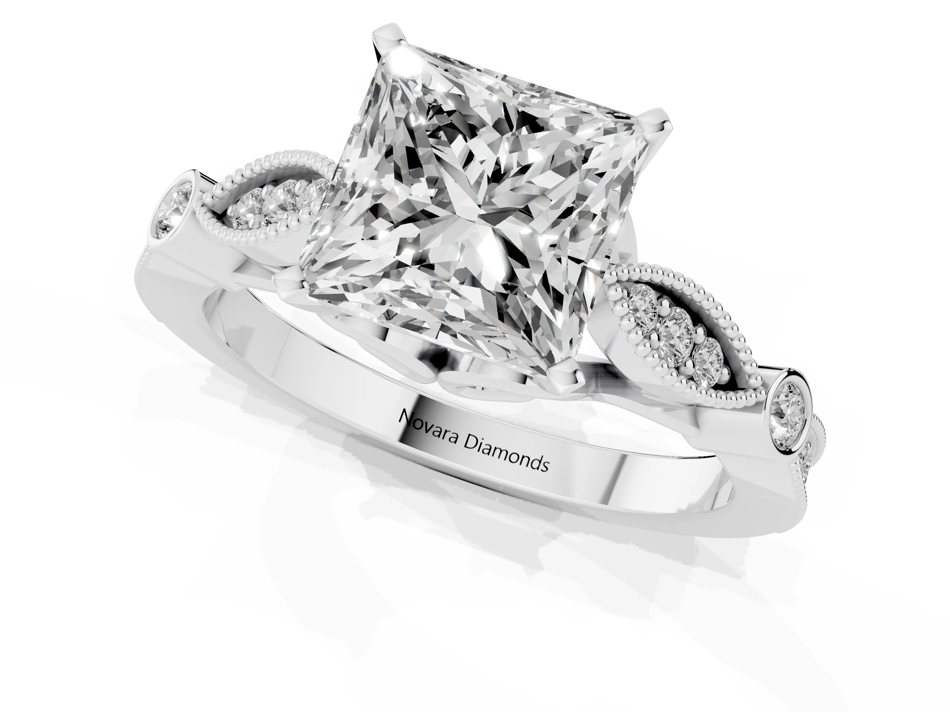 Princess Cut Diamond Solitaire Ring Set in Silver with Milgrain Marquise and Bezel Accents – second view