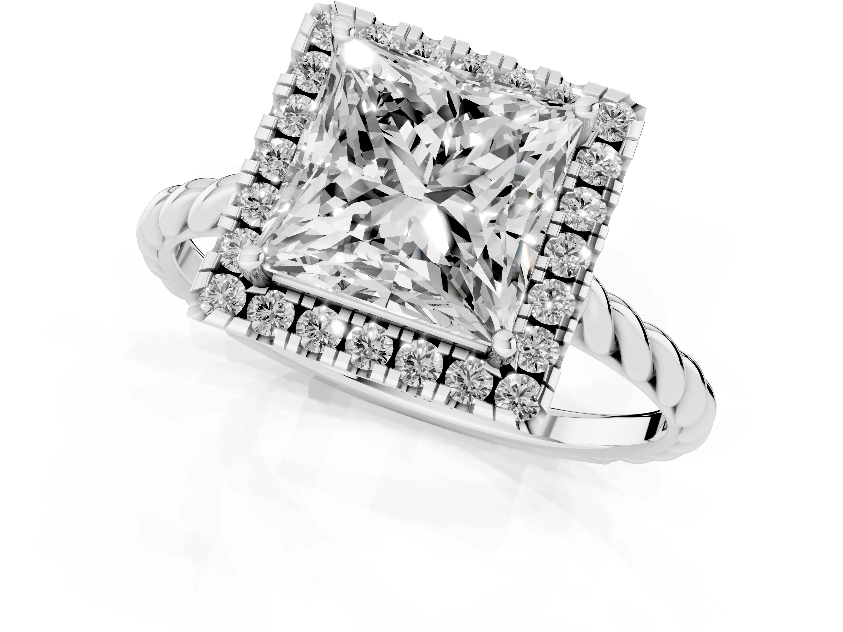 Princess Cut Diamond Halo Ring Set in Silver with Plain Twisted Band