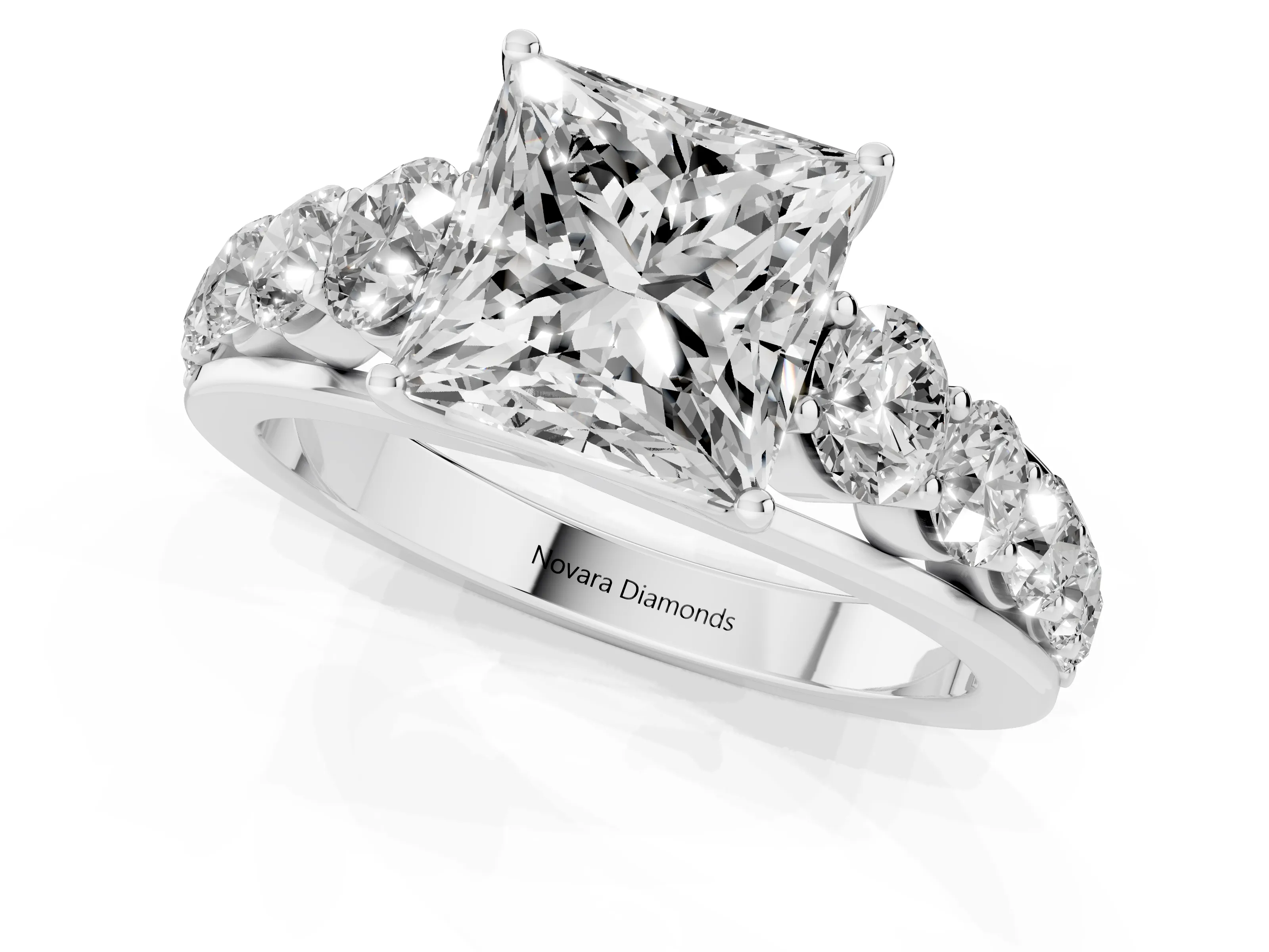Princess Cut Diamond Solitaire Ring Set in White gold with Pavé-Set Band and Prong Setting