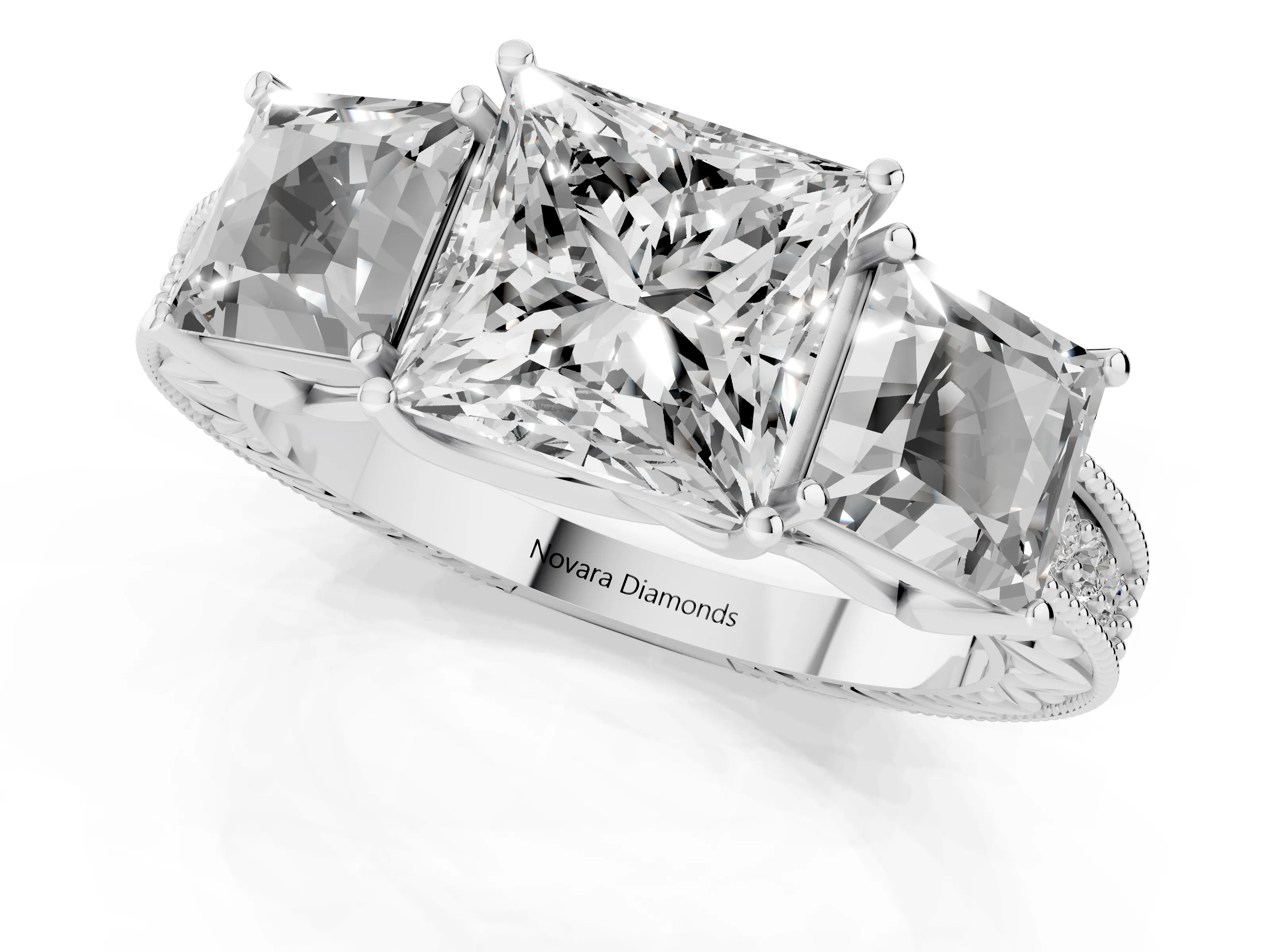 Princess Cut Diamond Three-Stone Engagement Ring Set in Platinum with Milgrain Pavé Band
