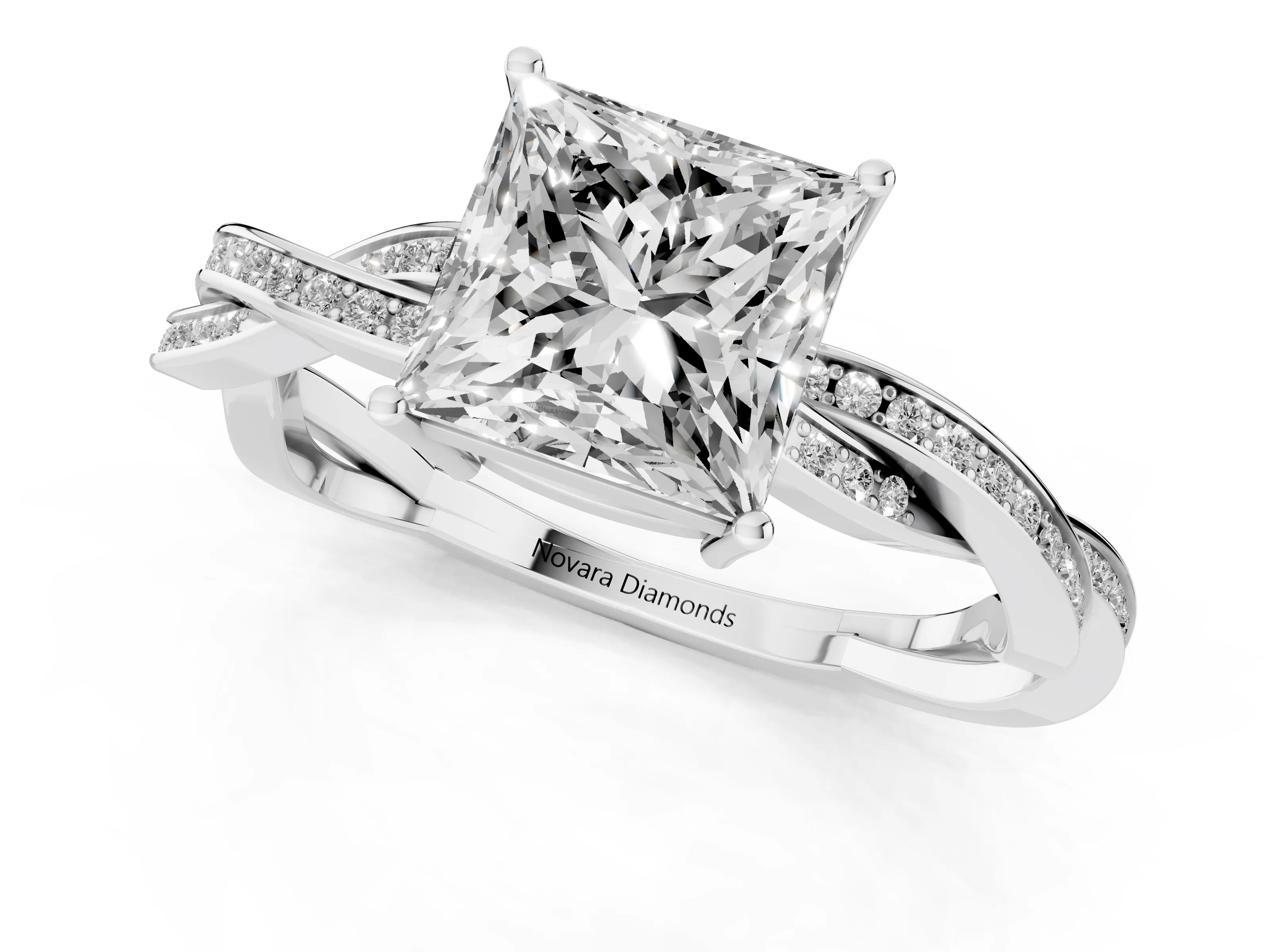 Princess Cut Diamond Solitaire Twisted Pavé Ring Set in White gold with Prong Setting