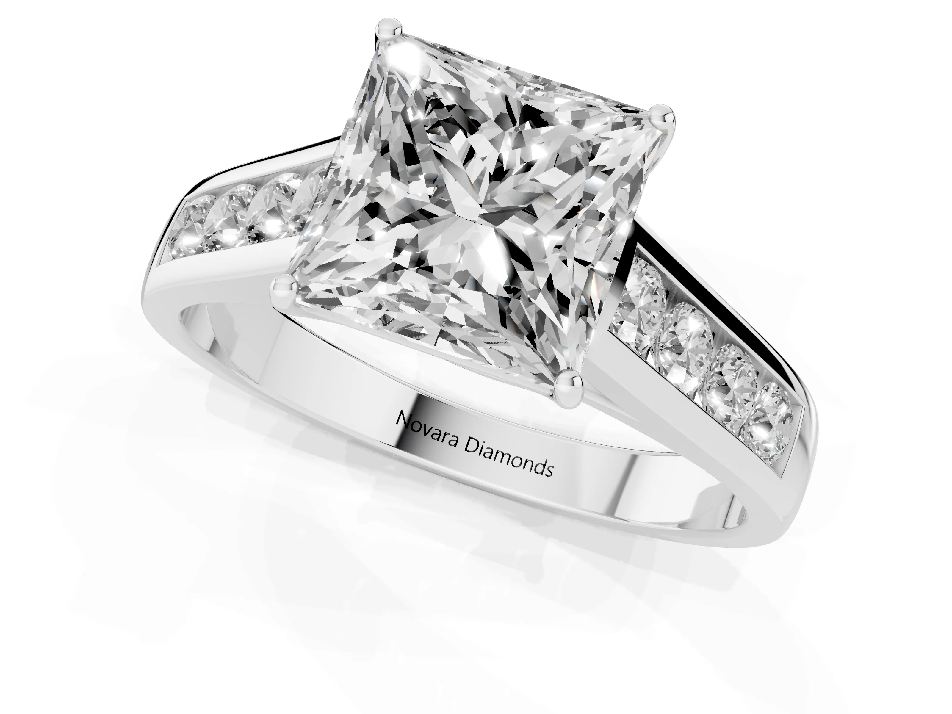 Princess Cut Diamond Solitaire Channel-Set Engagement Ring Set in Silver with Prong Setting