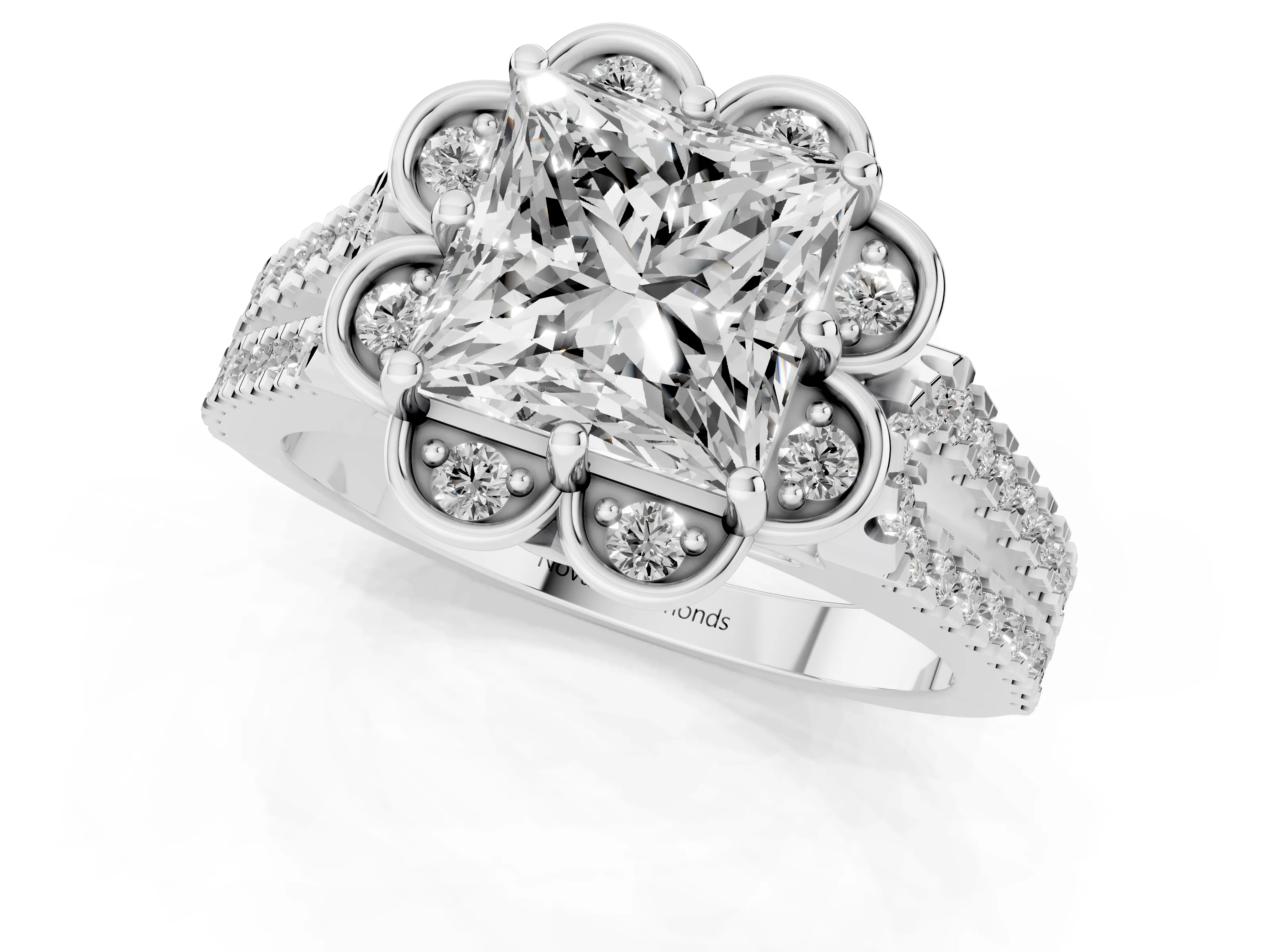 Princess Cut Diamond Floral Halo Split Shank Engagement Ring Set in White gold with Pavé Shank