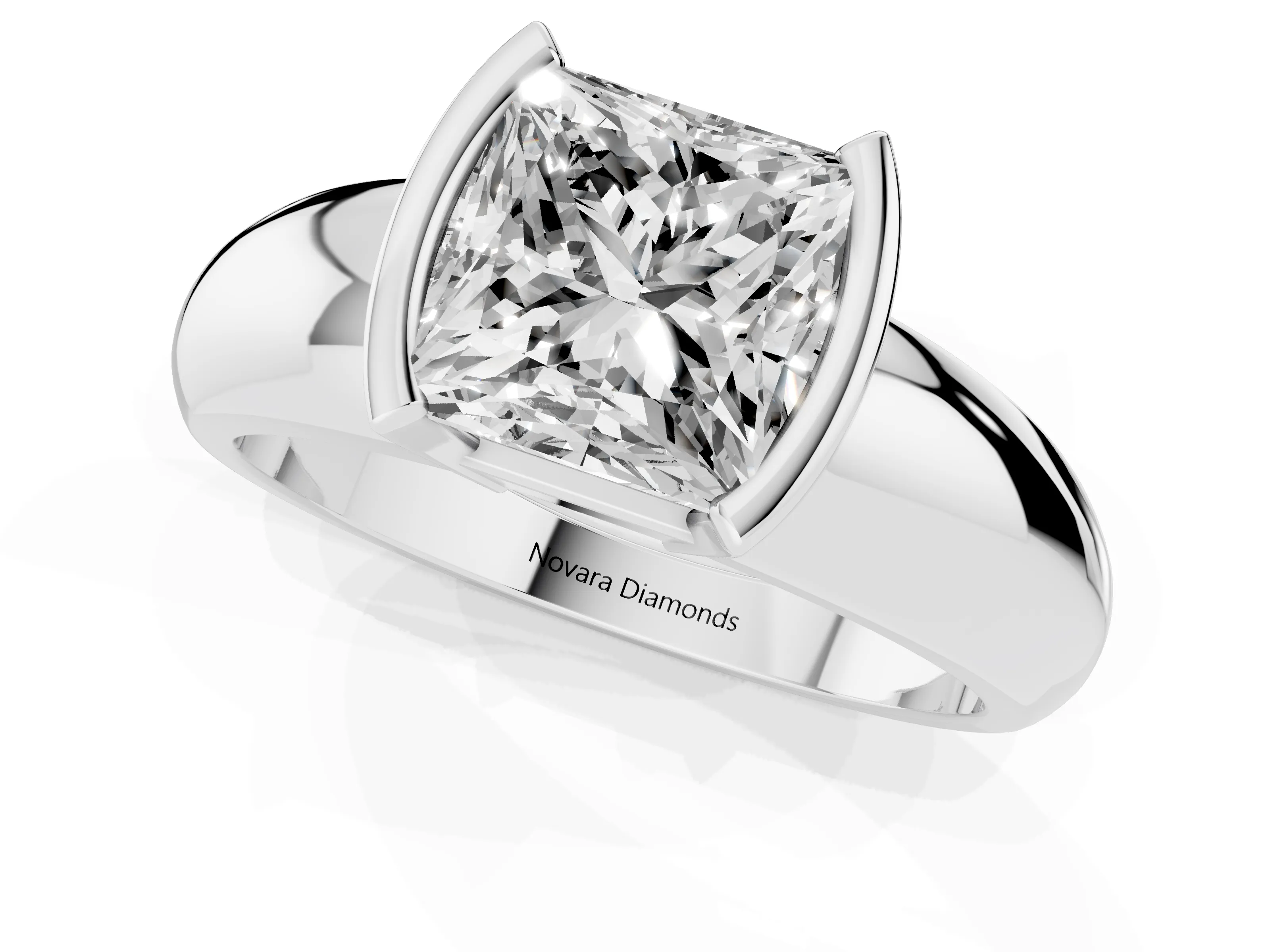 Princess Cut Diamond Solitaire Tension Set Ring Set in White gold with Wide Band