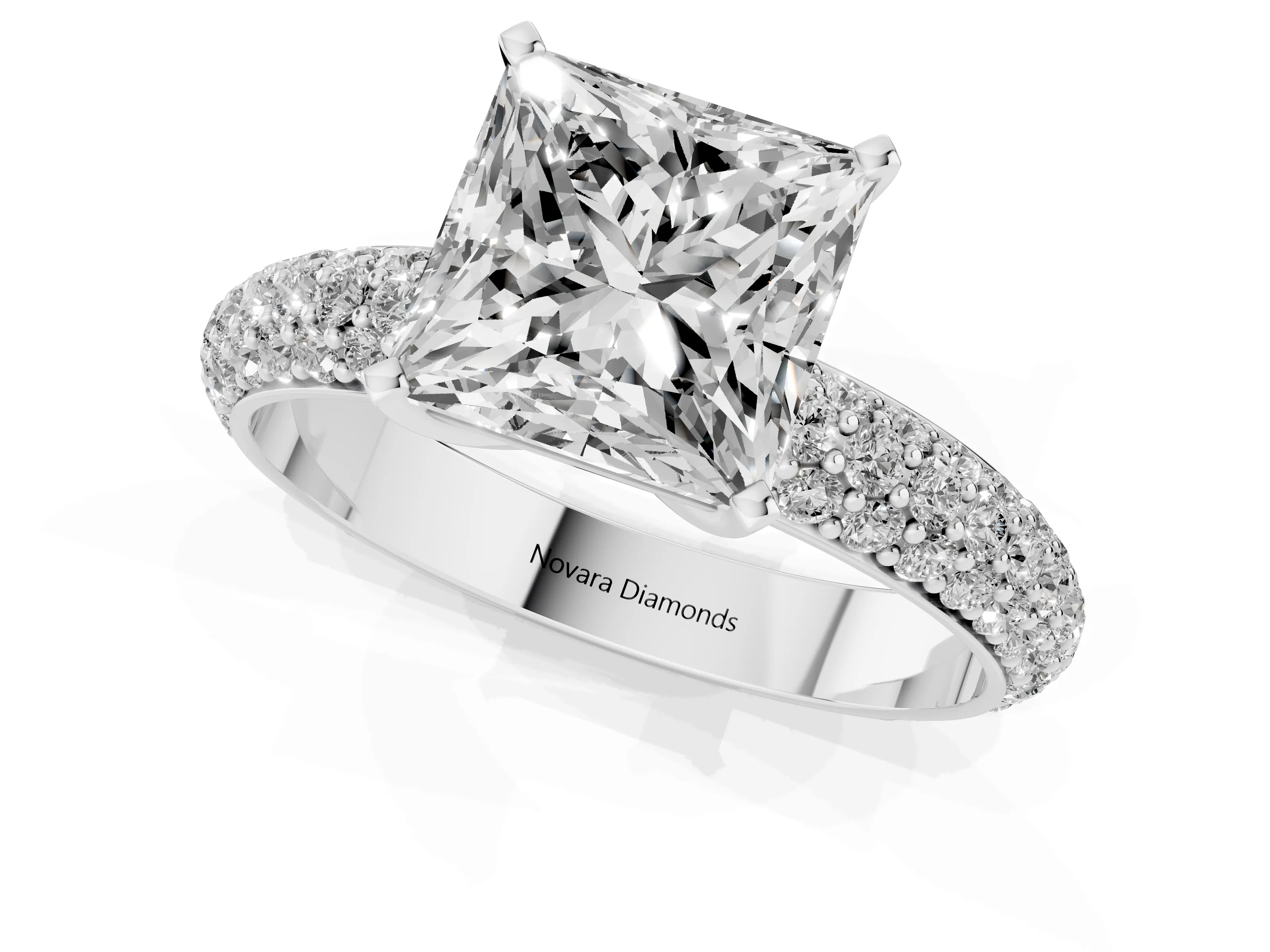 Princess Cut Diamond Solitaire Ring Set in Silver with Prong Setting and Pavé-Set Band
