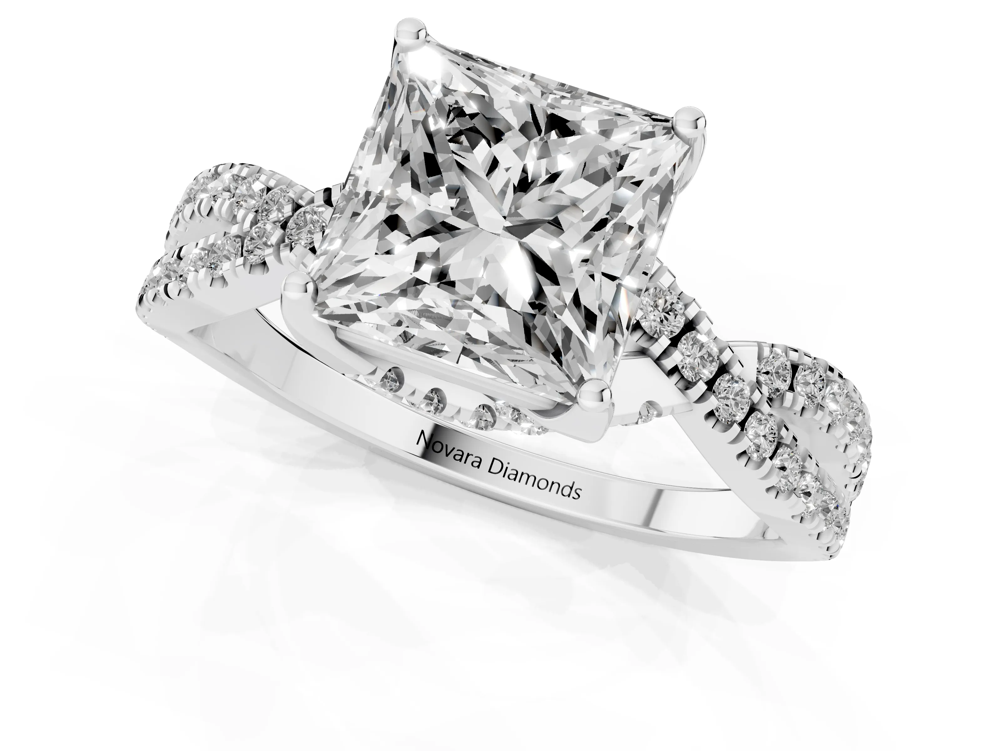 Princess Cut Diamond Twist Pavé Solitaire Engagement Ring Set in Silver with Prong Setting