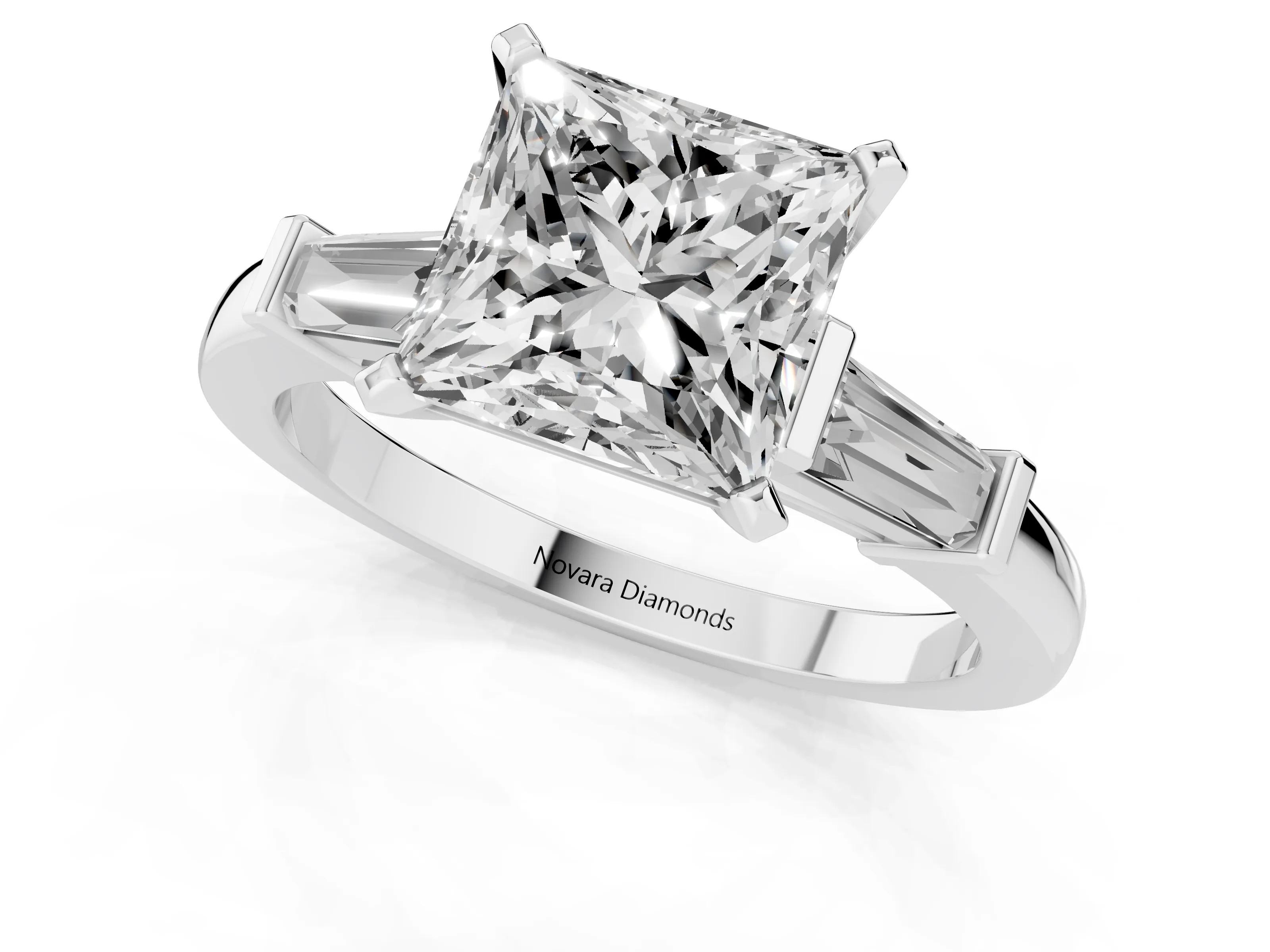 Princess Cut Diamond Solitaire Ring Set in Silver with Tapered Baguette Accents and Prong Setting