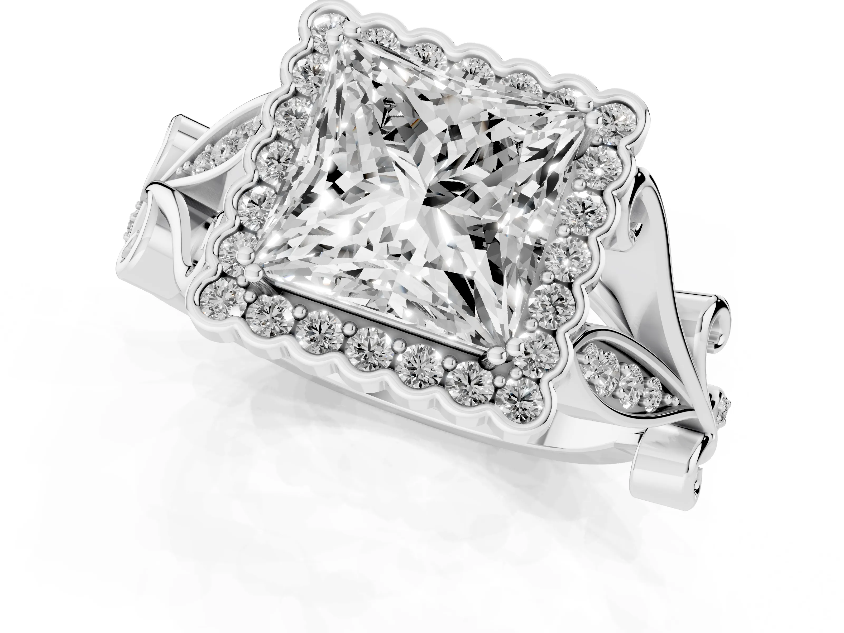 Princess Cut Diamond Halo Ring Set in White gold with Leaf Motif Split Shank and Prong Setting