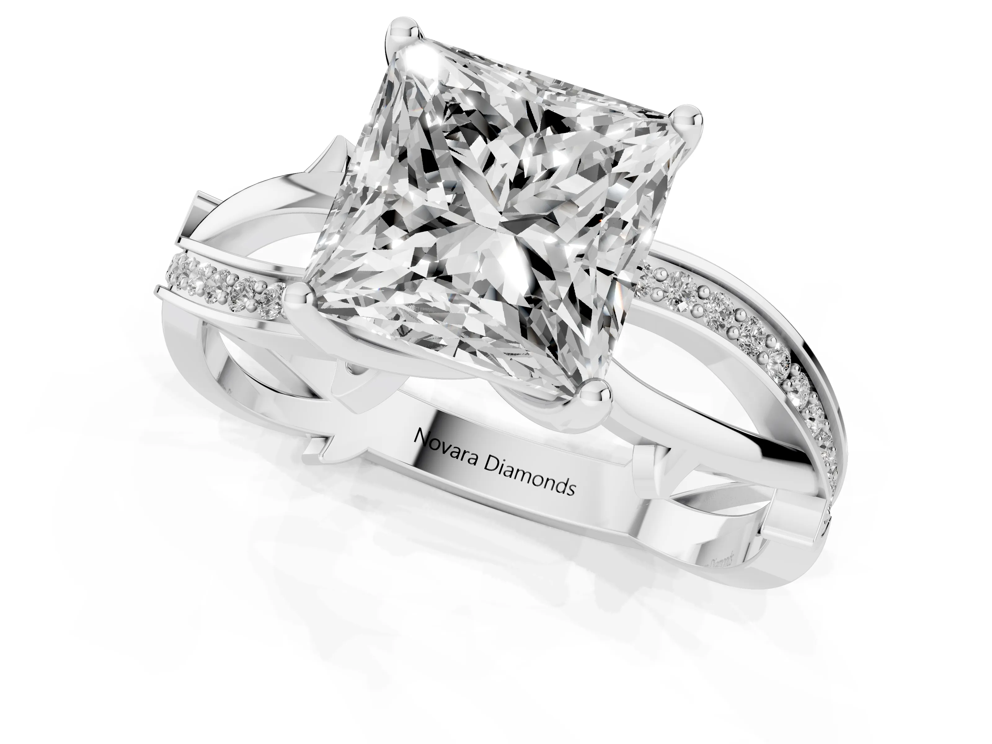 Princess Cut Diamond Pavé Twist Band Solitaire Ring Set in White gold with Prong Setting