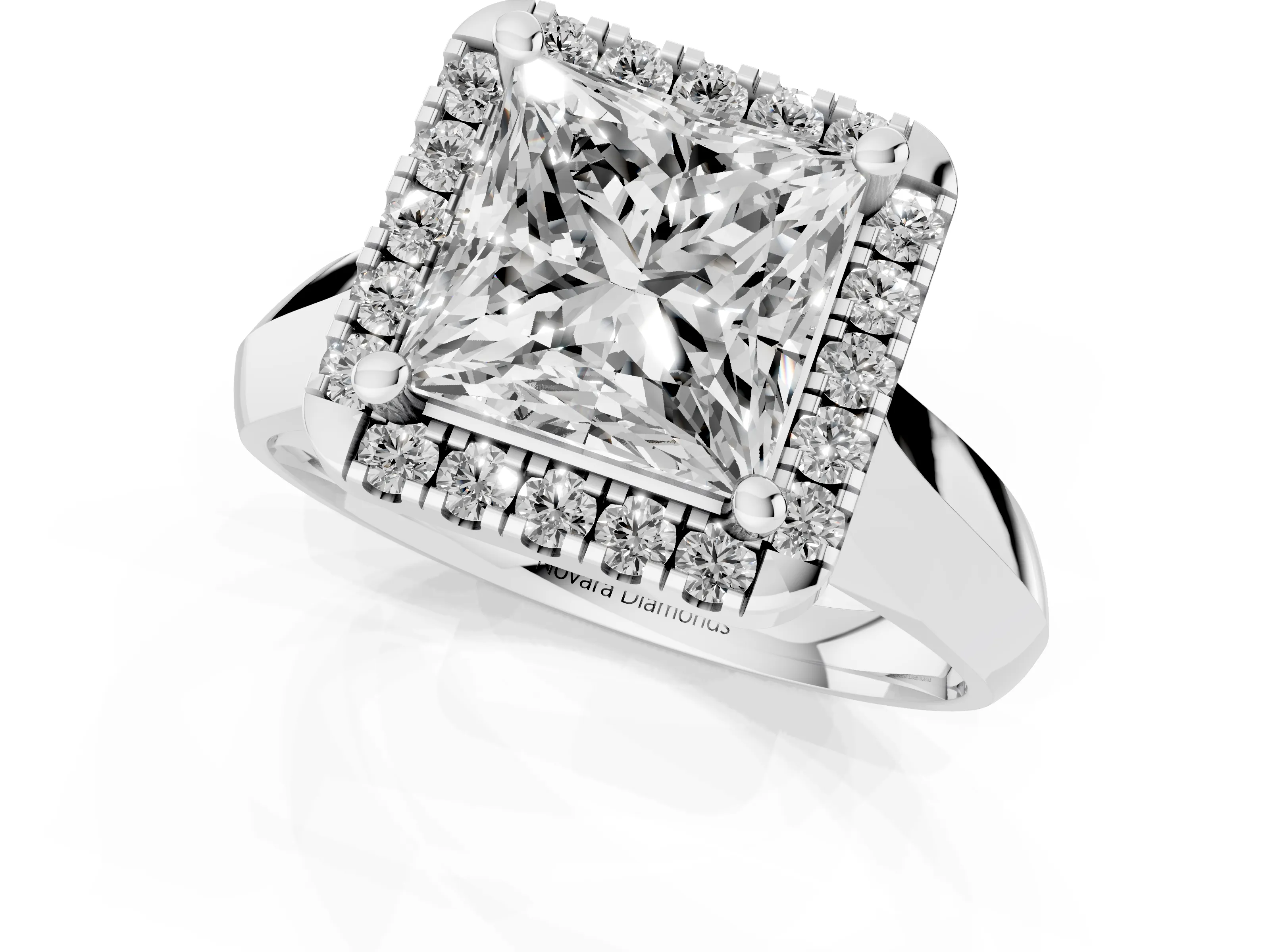 Princess Cut Diamond Halo Solitaire Engagement Ring Set in White gold with Square Band and Prong Setting
