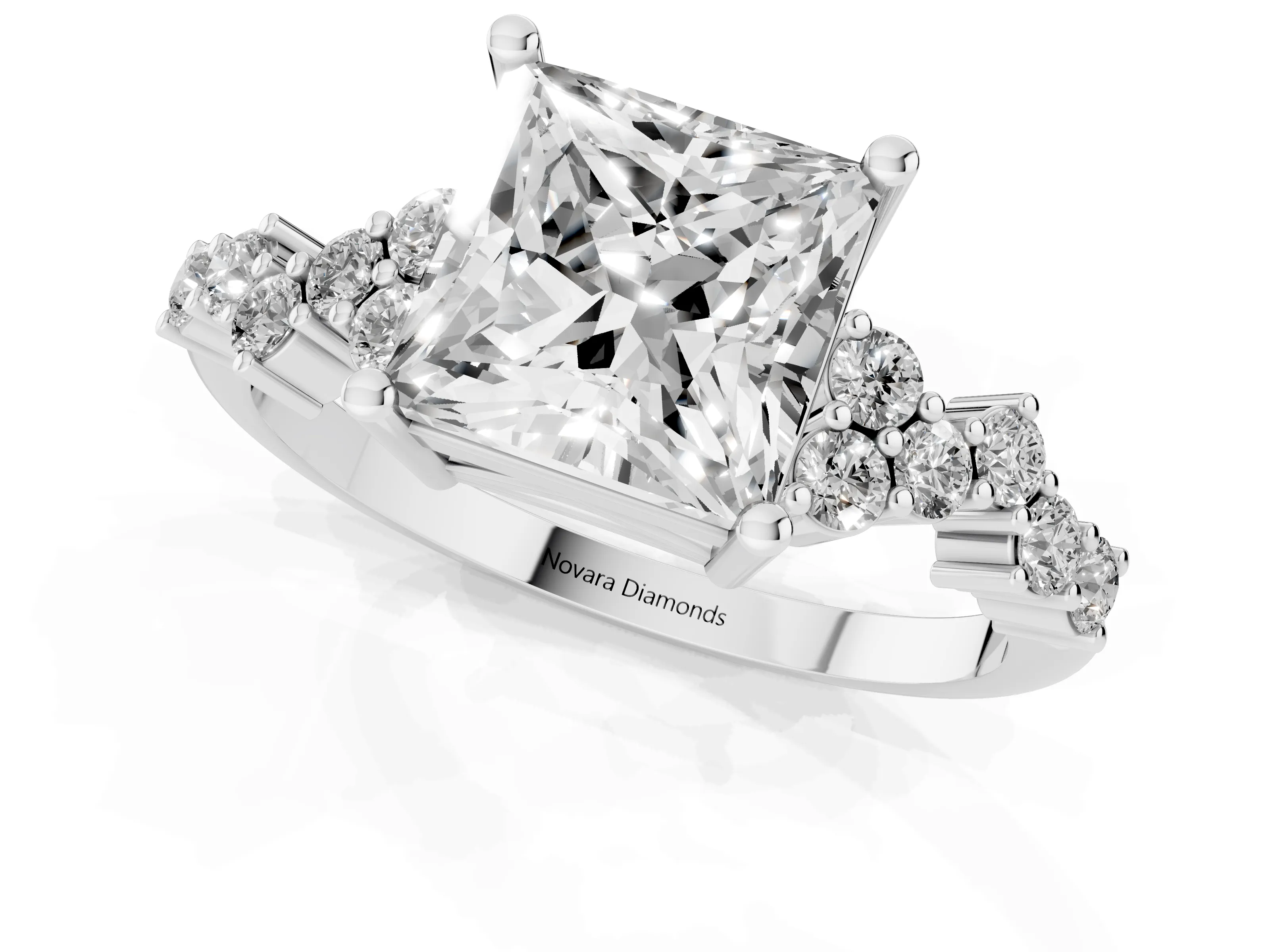 Princess Cut Diamond Ring Set in White gold with Scattered Round Accents