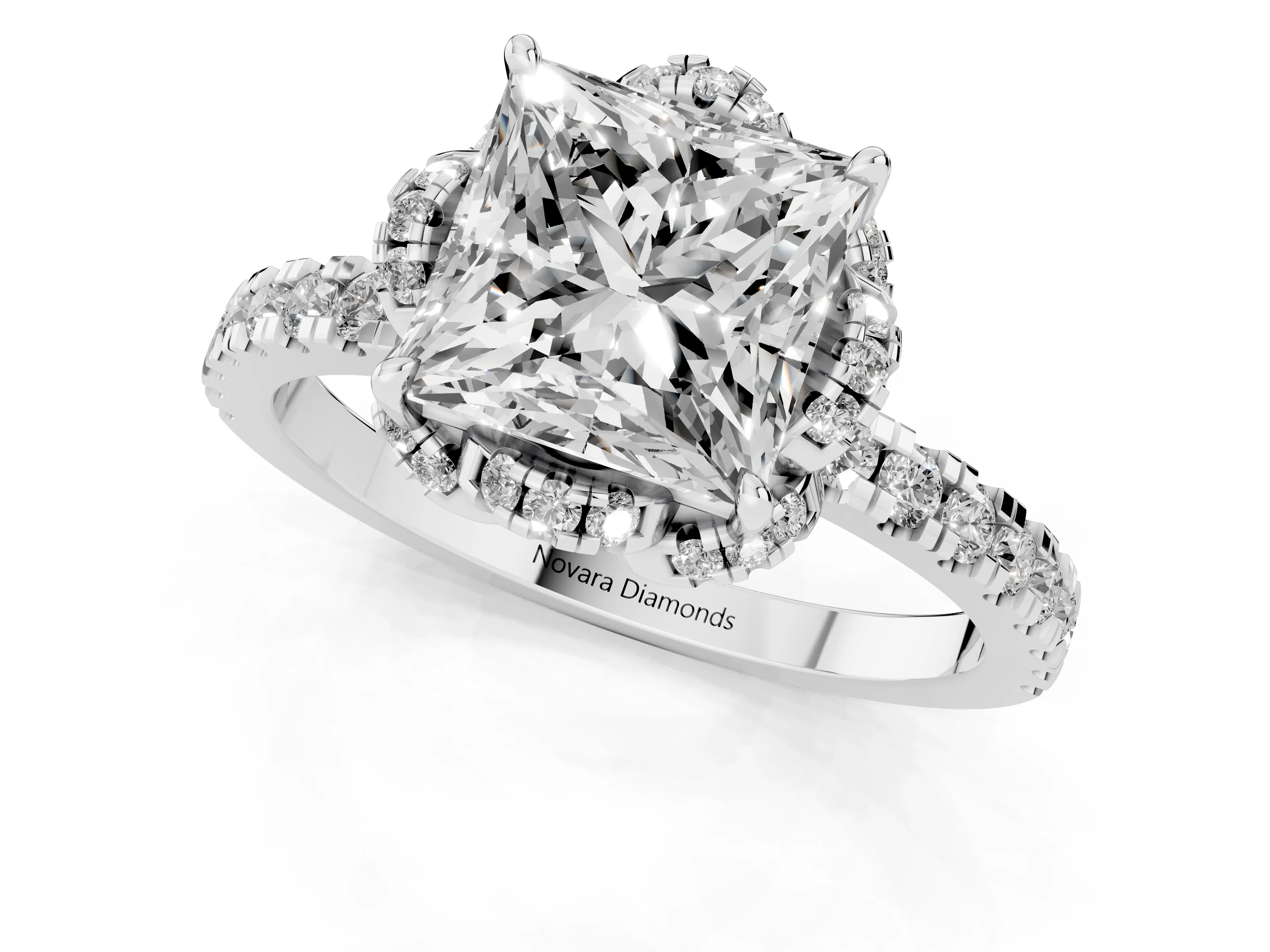 Princess Cut Diamond Halo Pavé Band Ring Set in Silver with Prong-Held Center