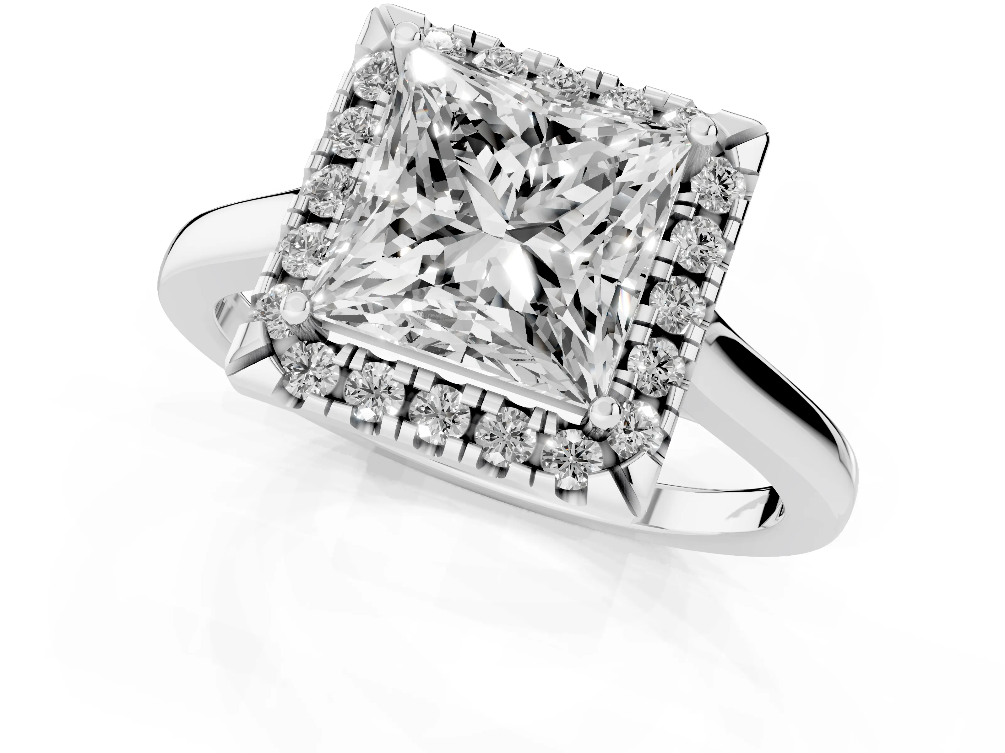 Princess Cut Halo Round Diamond Solitaire Ring Set in White gold with Pavé Band and Prong Setting