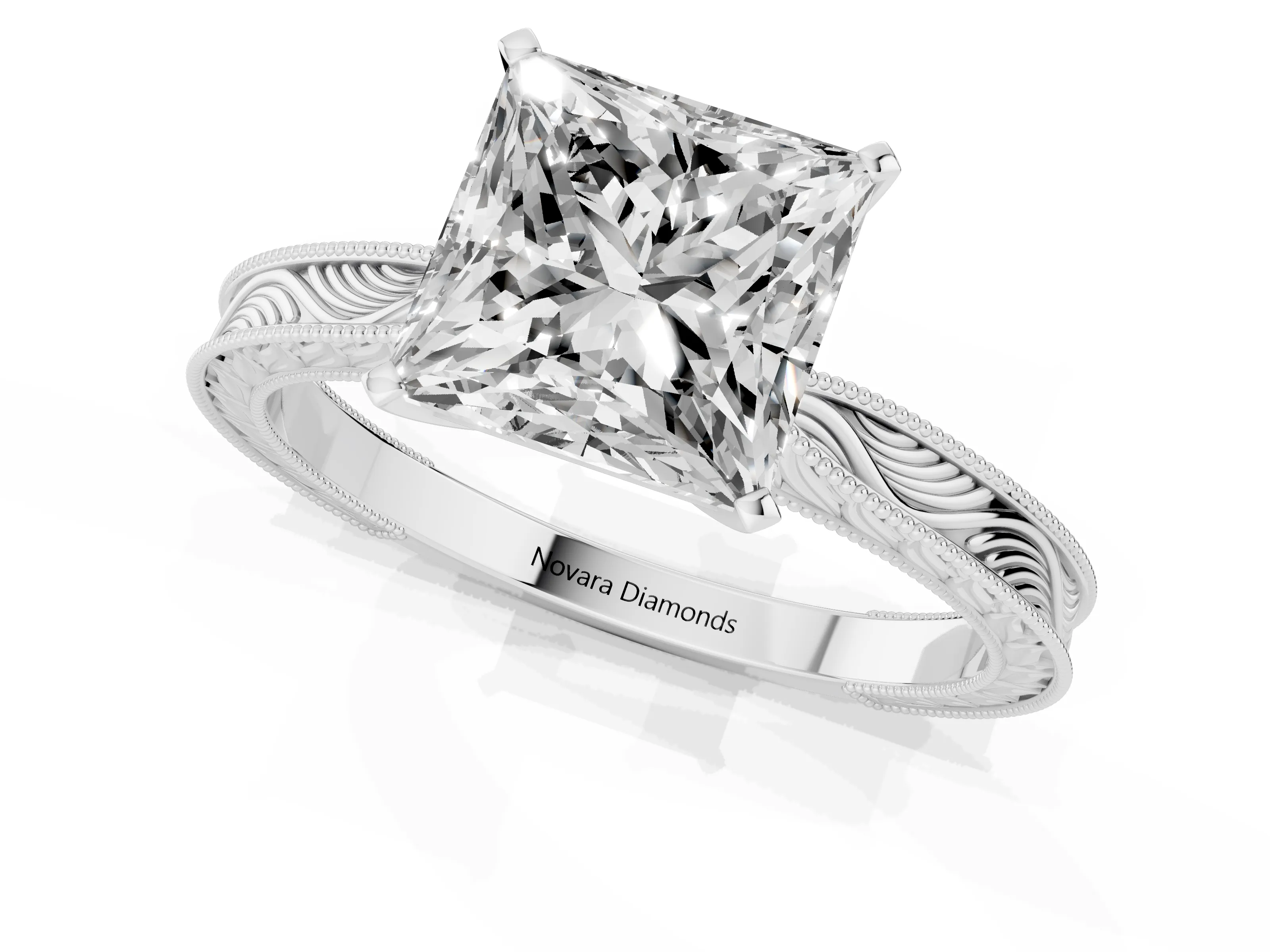 Princess Cut Diamond Solitaire Milgrain Engraved Band Set in Platinum with Prong Setting