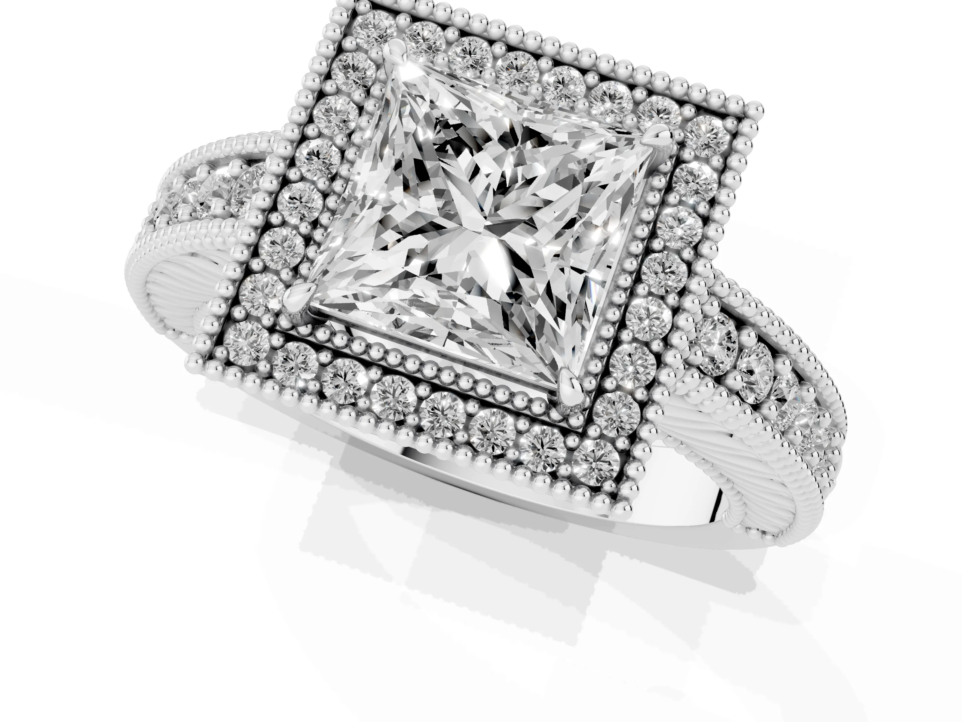 Princess Cut Diamond Halo Ring Set in White gold with Round Accent Halo, Pavé Band and Prong Setting