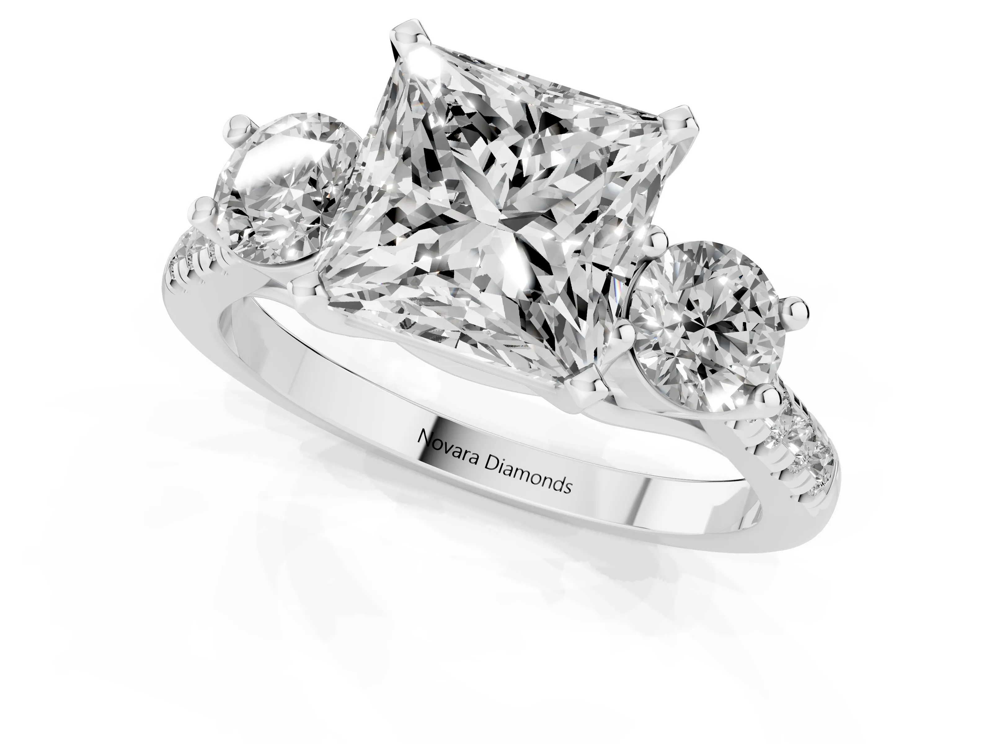 Three-Stone Princess Cut Diamond Pavé Band Ring Set in White gold with Prong-Set Trio
