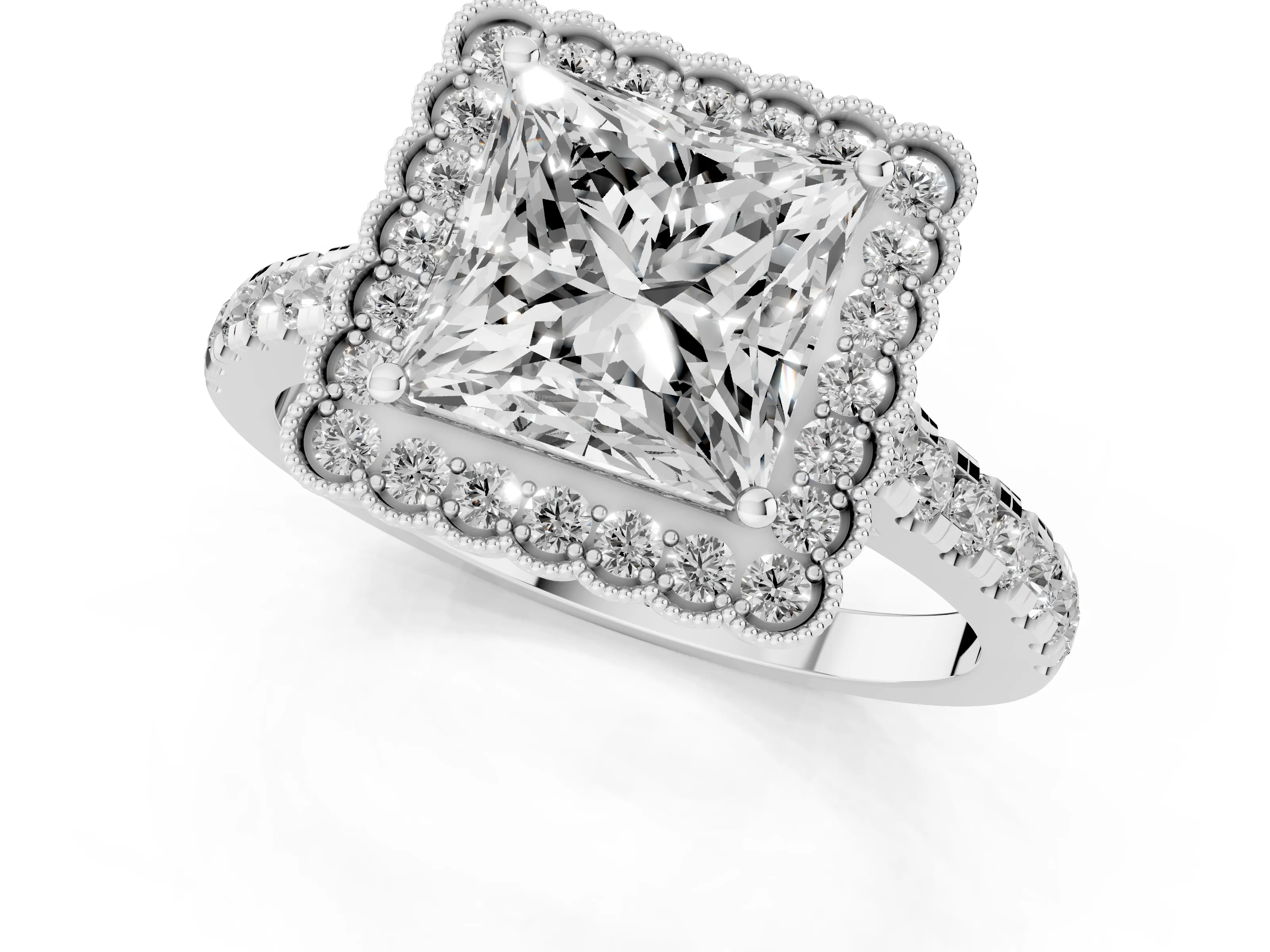 Princess Cut Diamond Milgrain Floral Halo Engagement Ring Set in Platinum with Pavé Band
