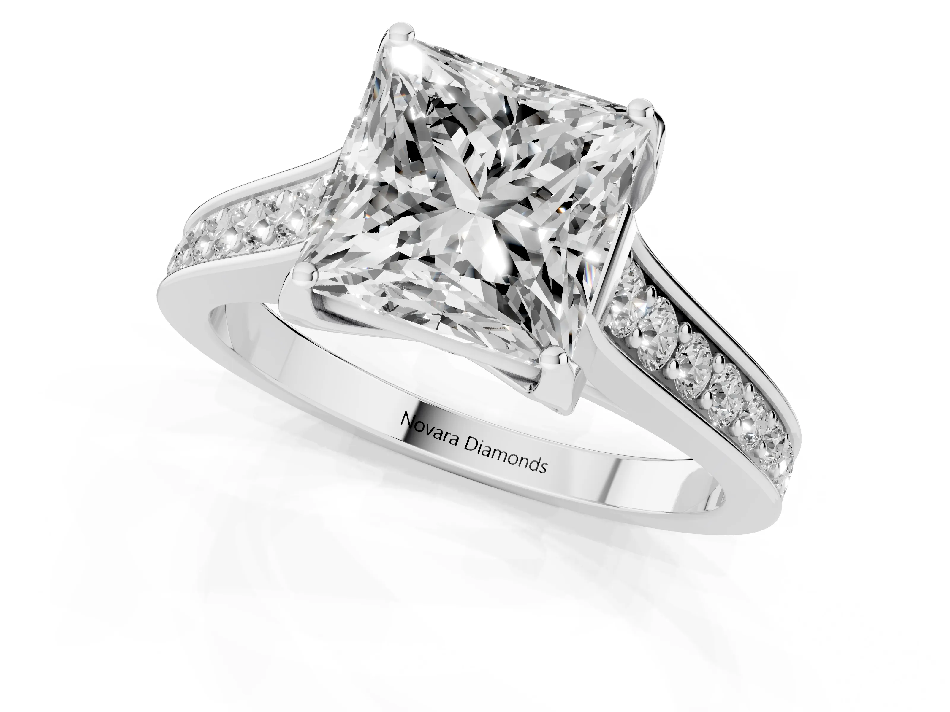 Princess Cut Diamond Solitaire Pavé Engagement Ring Set in Platinum with Prong Setting