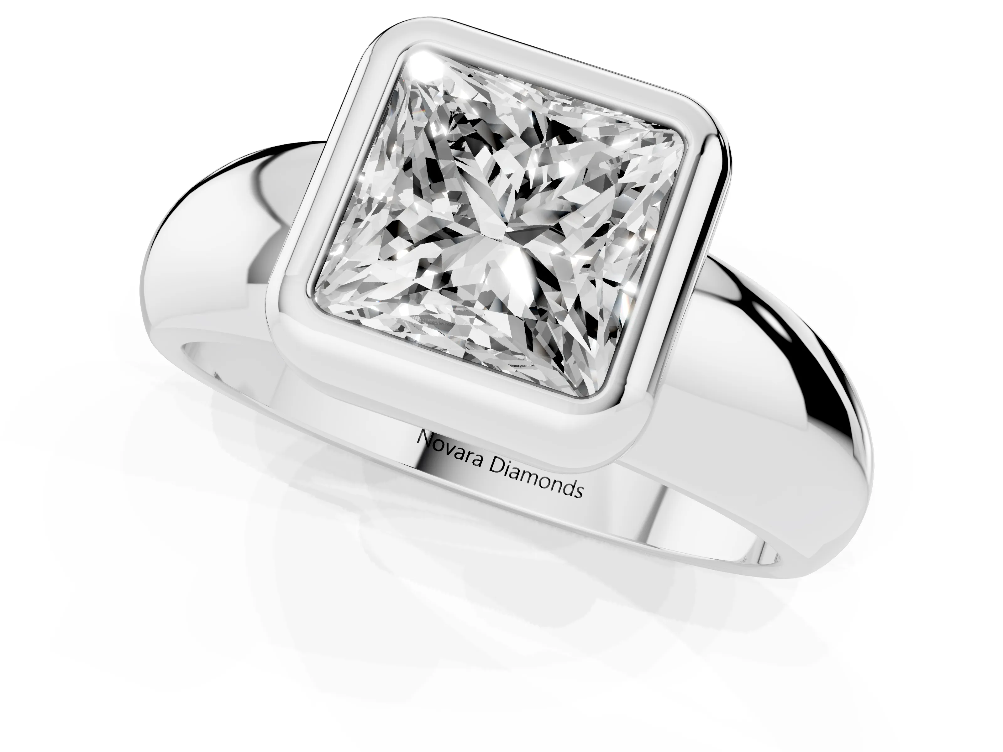 Bezel Set Princess Cut Diamond Solitaire Ring Set in White gold with Wide Band