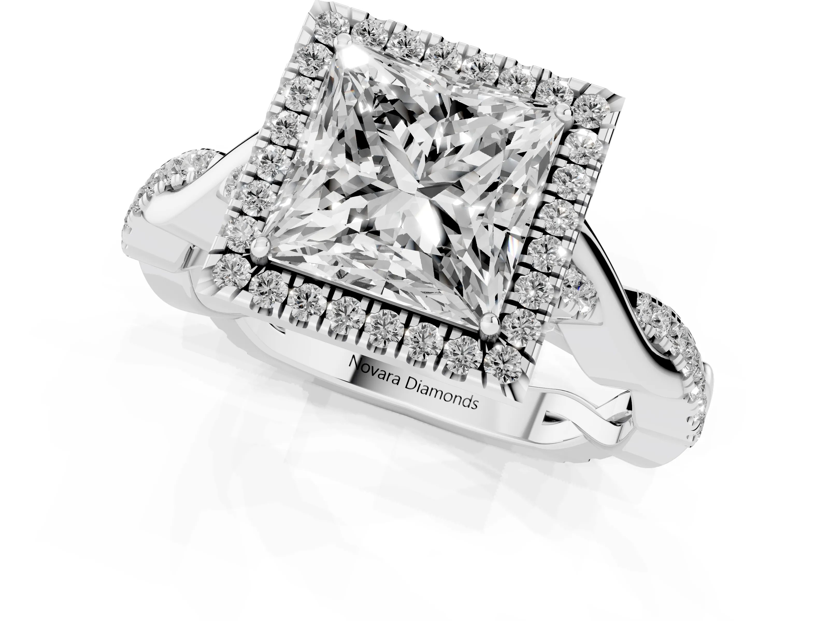 Princess Cut Diamond Halo Twist Band Solitaire Ring Set in Platinum with Prong Setting