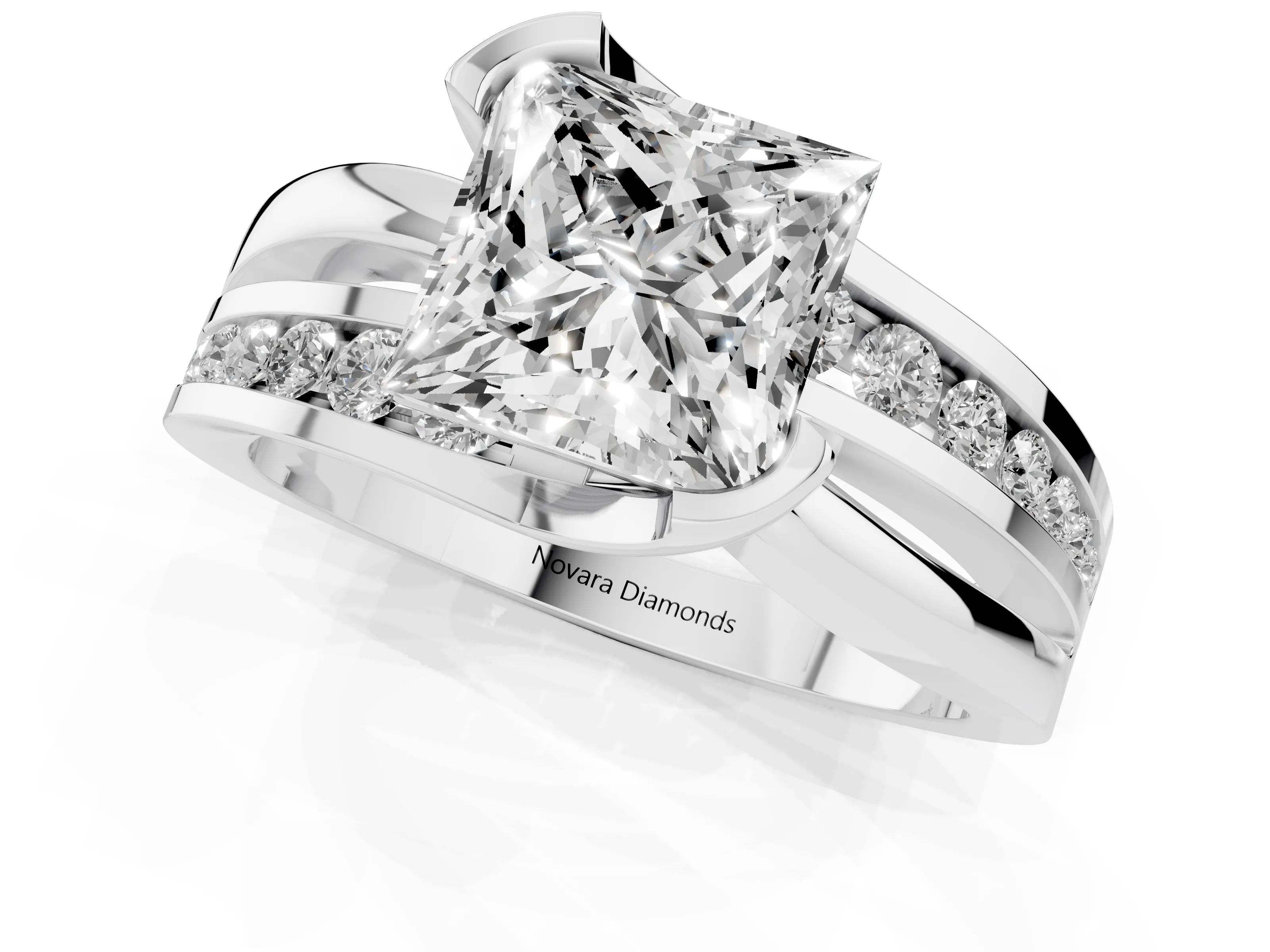 Princess Cut Diamond Solitaire Ring Set in Platinum with Channel Set Split Shank and Tension Prongs