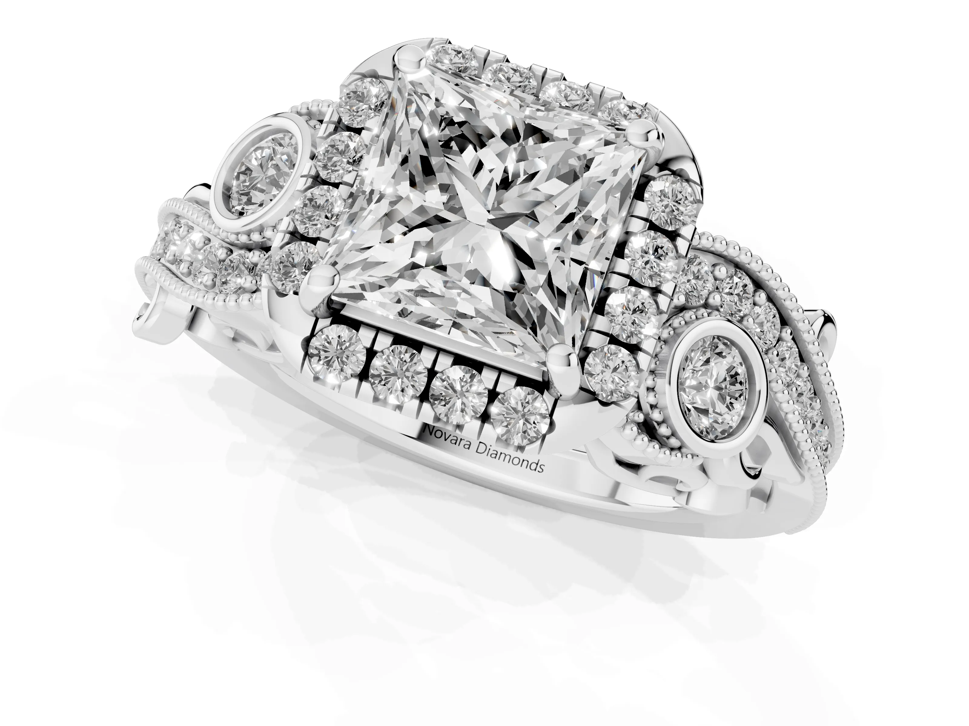 Princess Cut Diamond Halo Split Shank Ring Set in Silver with Milgrain and Bezel Accents