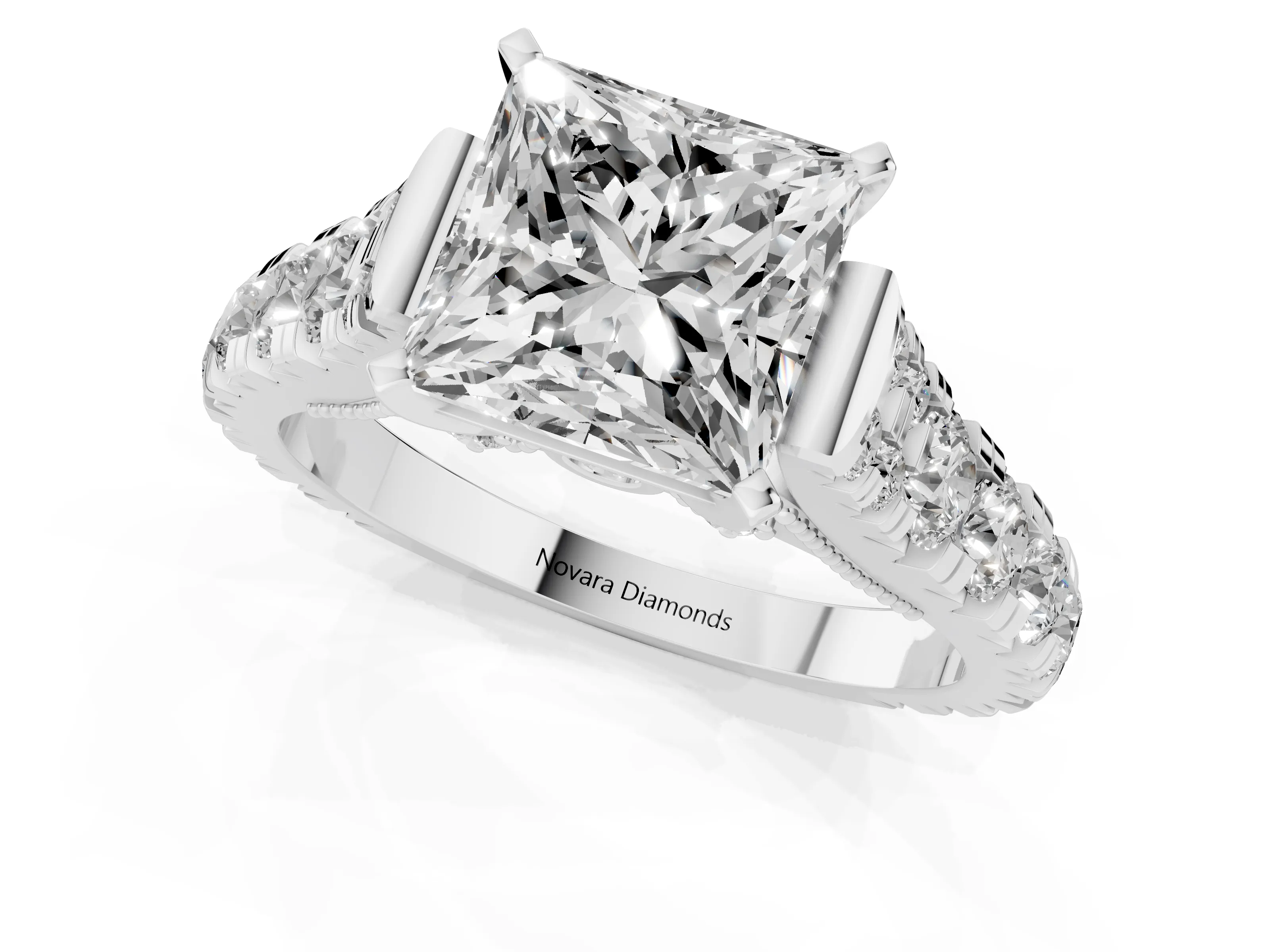 Princess Cut Diamond Classic Solitaire Ring Set in White gold with Pavé Band and Prong Setting