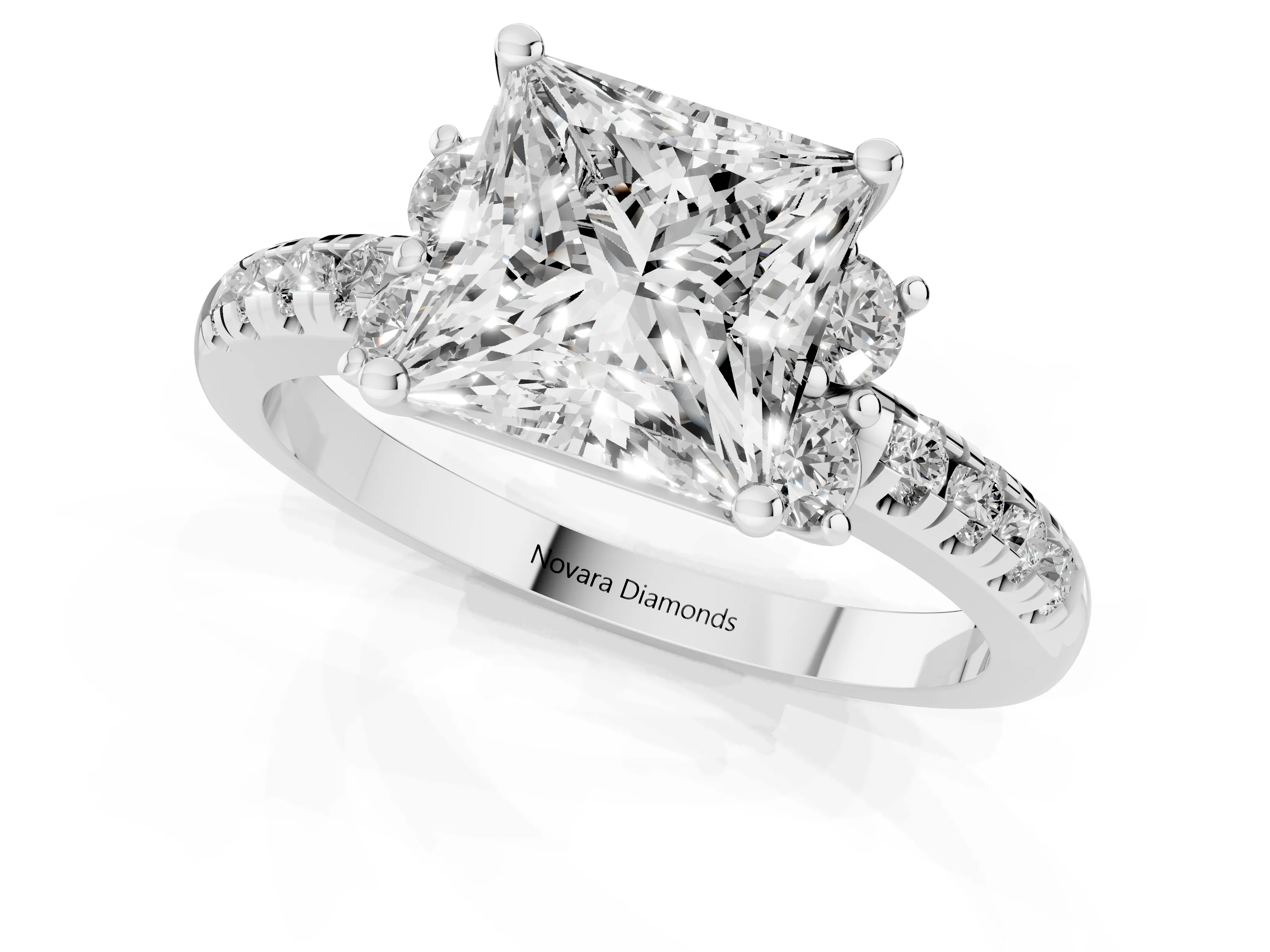Princess Cut Diamond Three-Stone Pavé Ring Set in Silver with Prong Setting