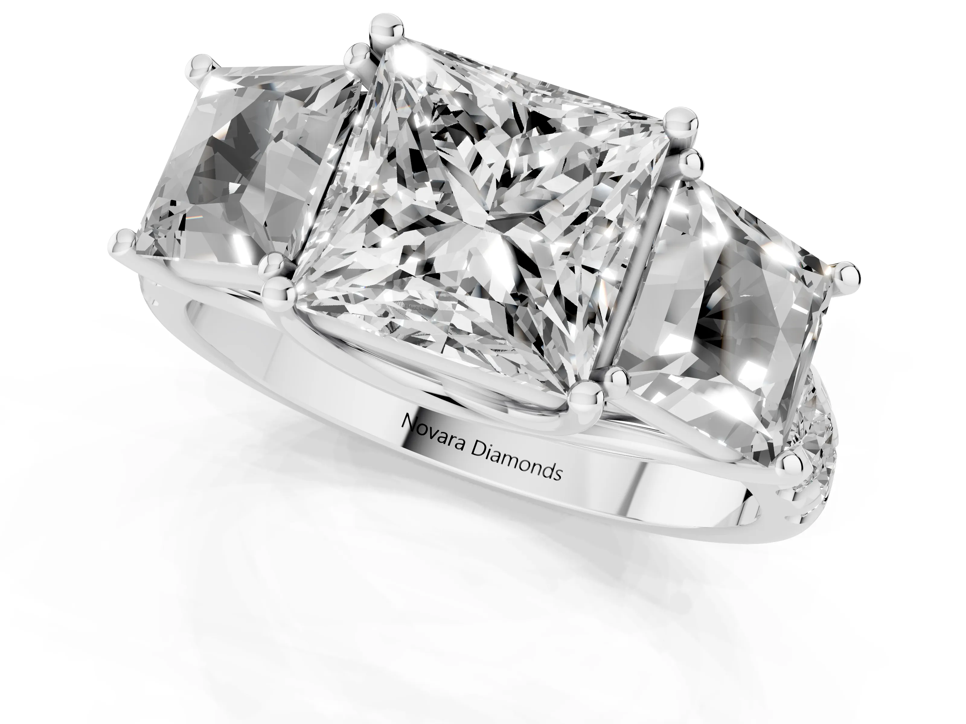 Princess Cut Diamond Three-Stone Ring Set in Silver with Pavé Band
