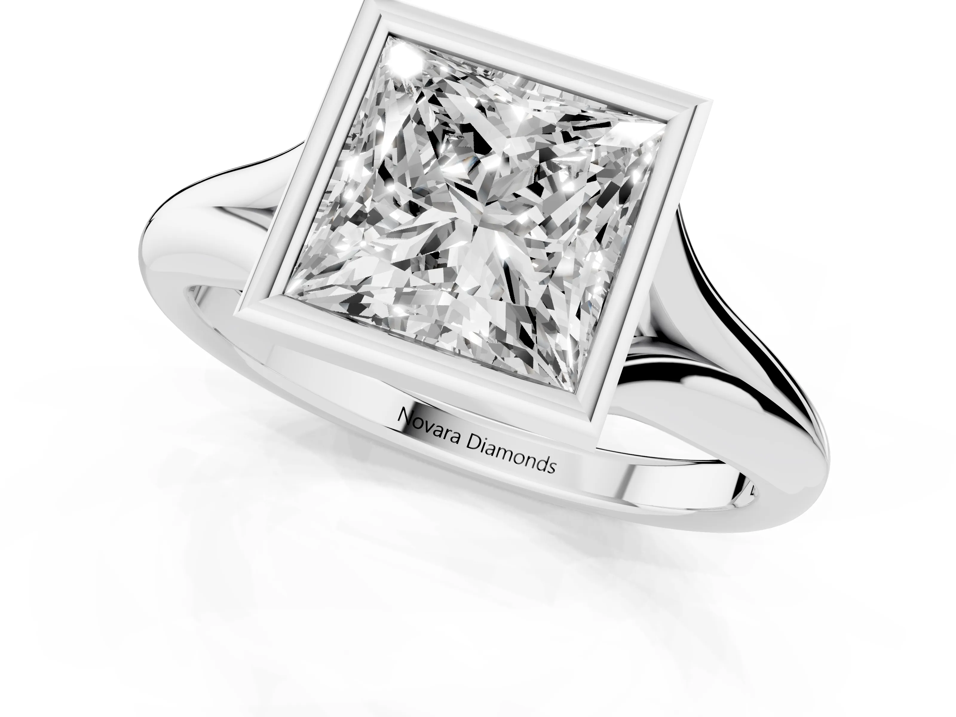 Bezel Set Princess Cut Diamond Solitaire Ring Set in Platinum with Smooth Band