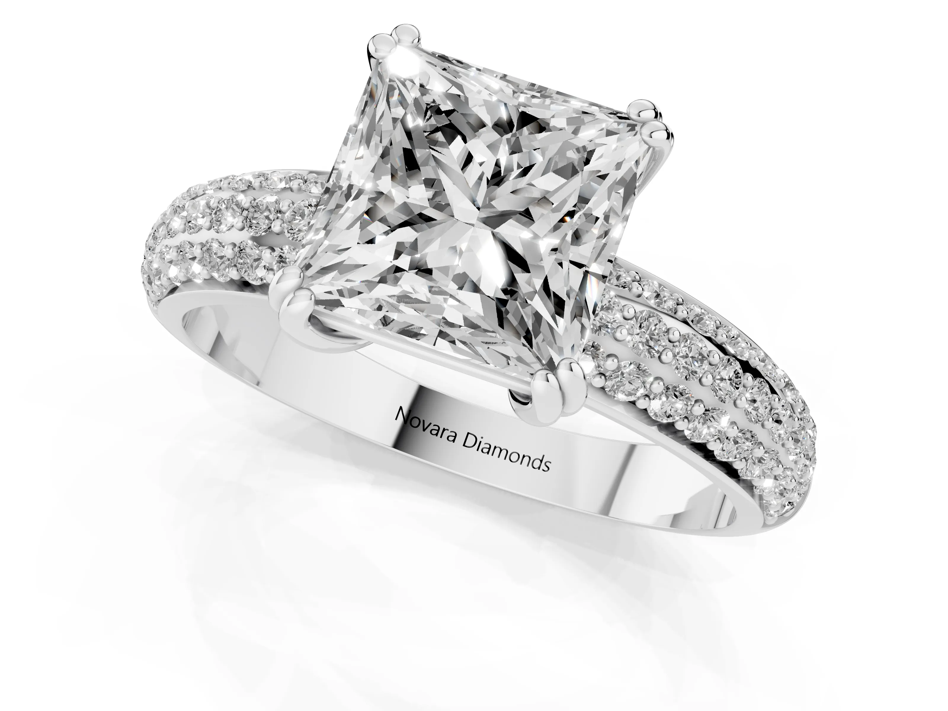 Princess Cut Diamond Solitaire Ring Set in White gold with Multi-Row Round Pavé Band and Prong Setting