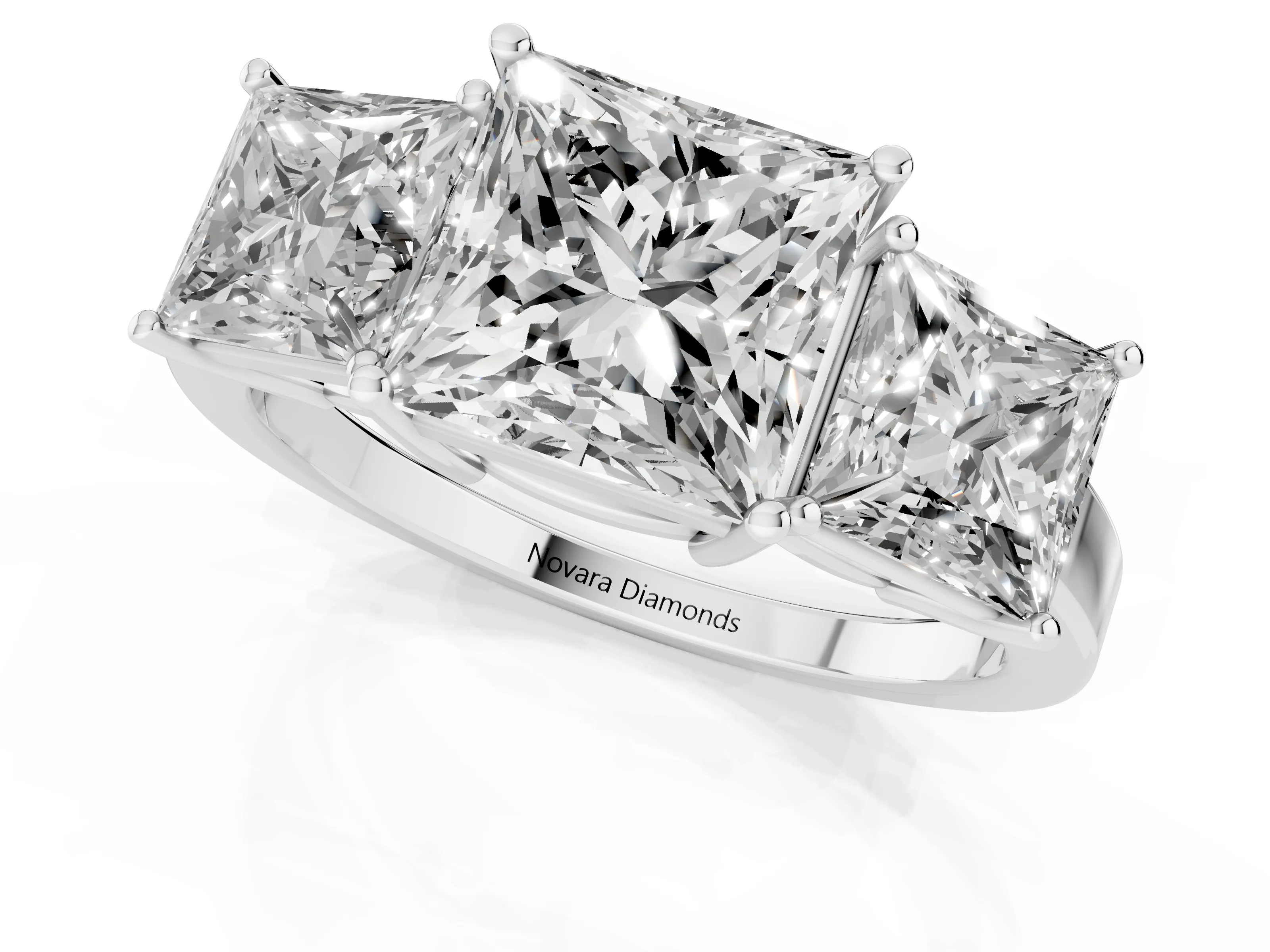 Princess Cut Diamond Three-Stone Engagement Ring Set in Platinum with Flat Band