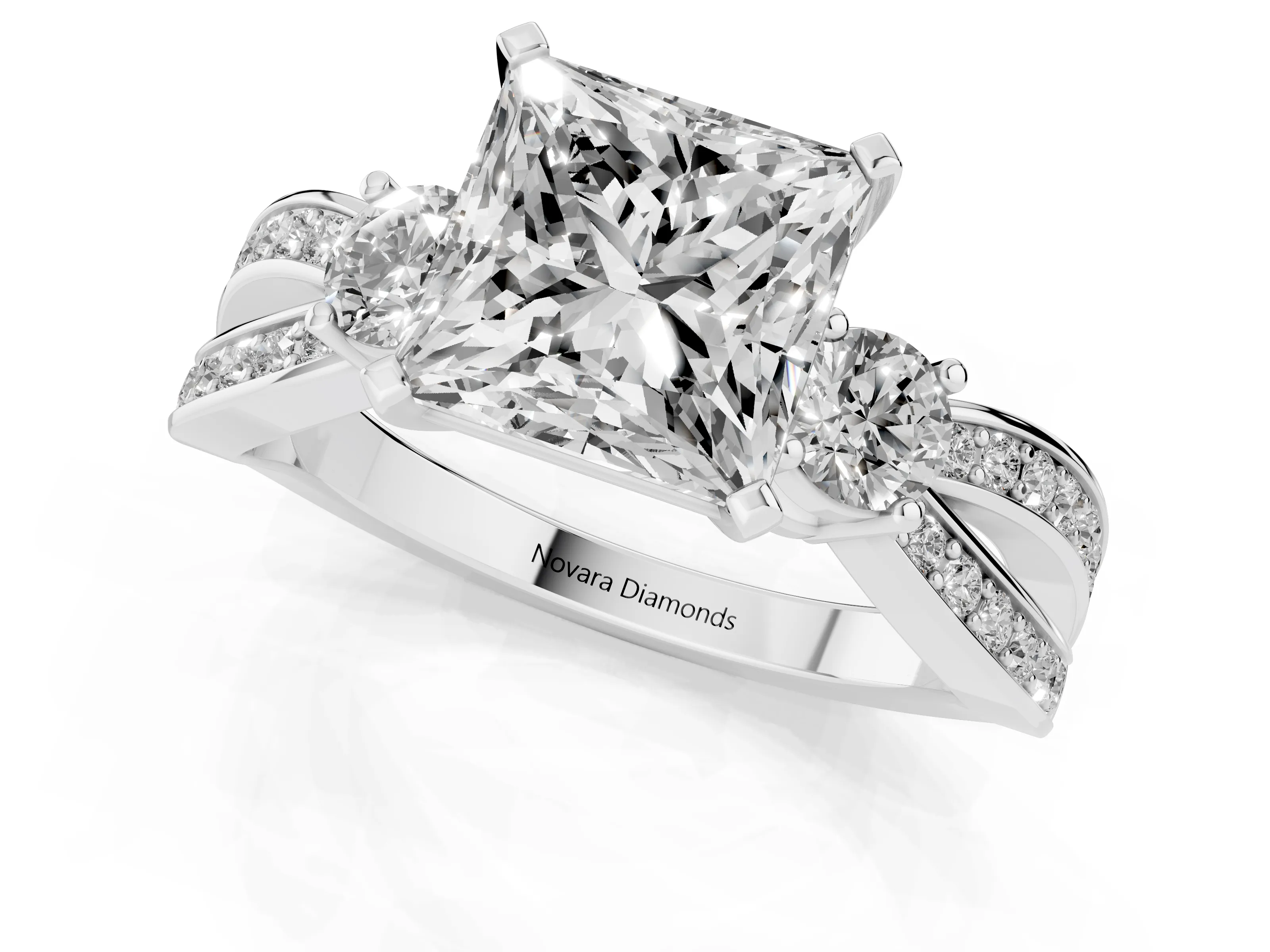 Three-Stone Princess Cut Diamond Twist Band Ring Set in Silver with Pavé Accents and Prong Setting – second view