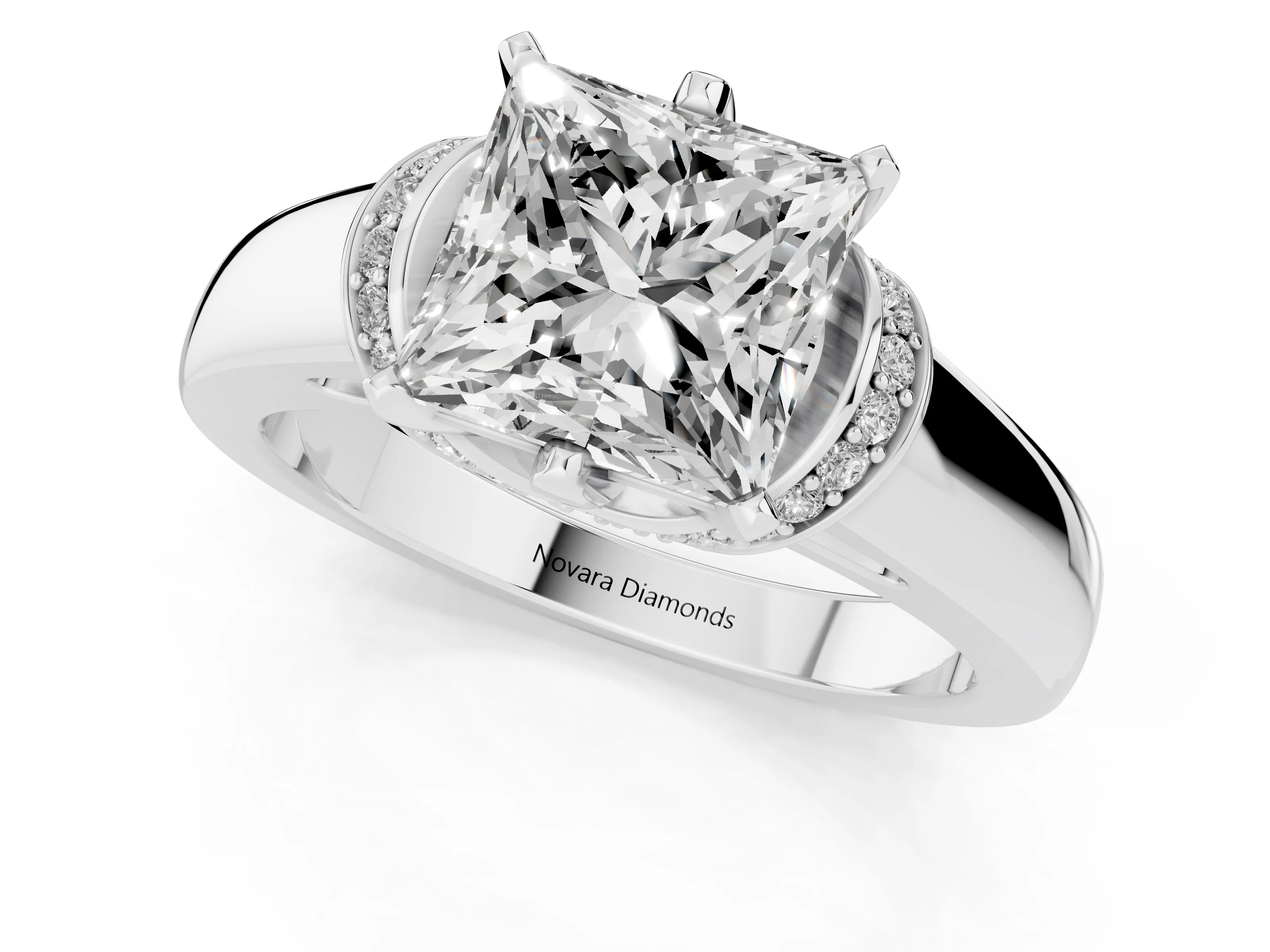 Princess Cut Diamond Pavé Band Solitaire Ring Set in Platinum with Prong Setting