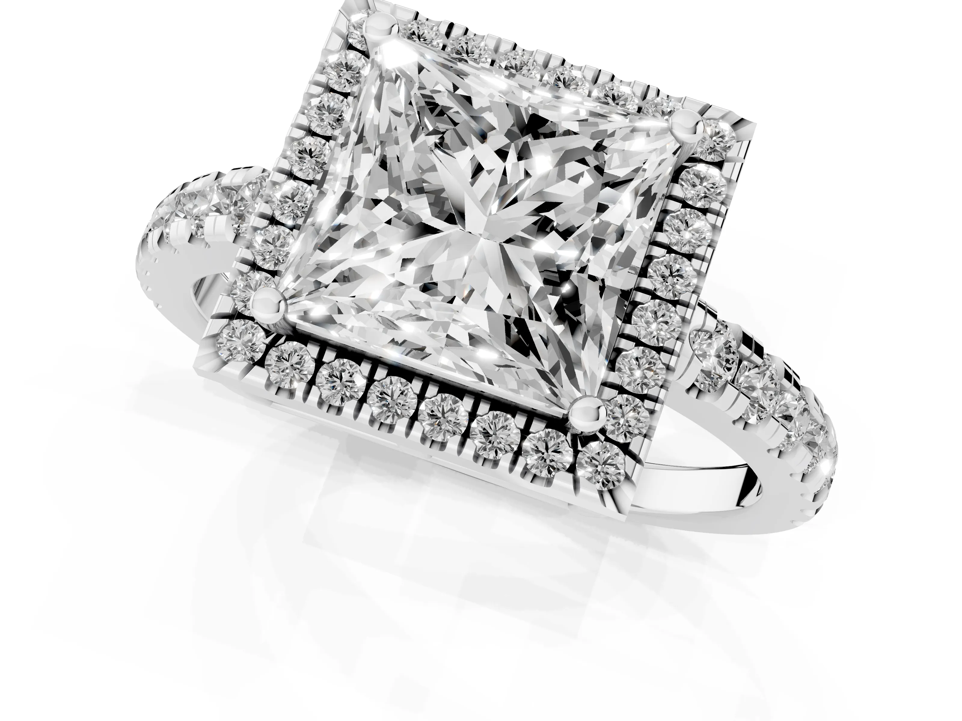 Princess Cut Diamond Halo Ring Set in Silver with Delicate Pavé Band and Prong Setting