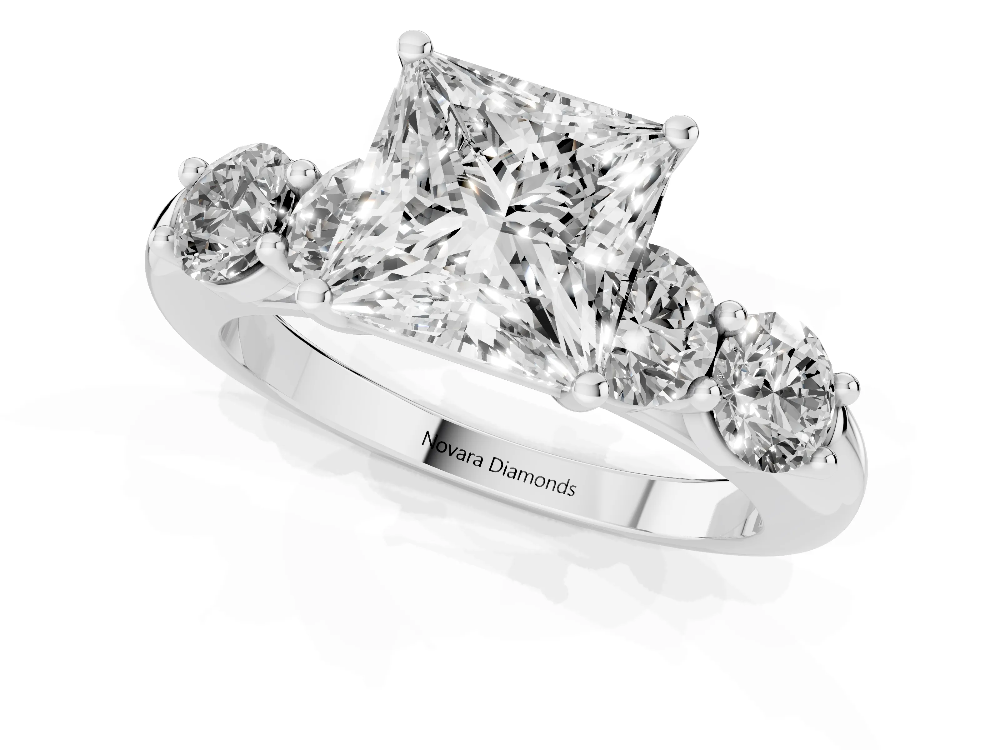 Princess Cut Diamond Five-Stone Prong Set Ring Set in White gold with Classic Band