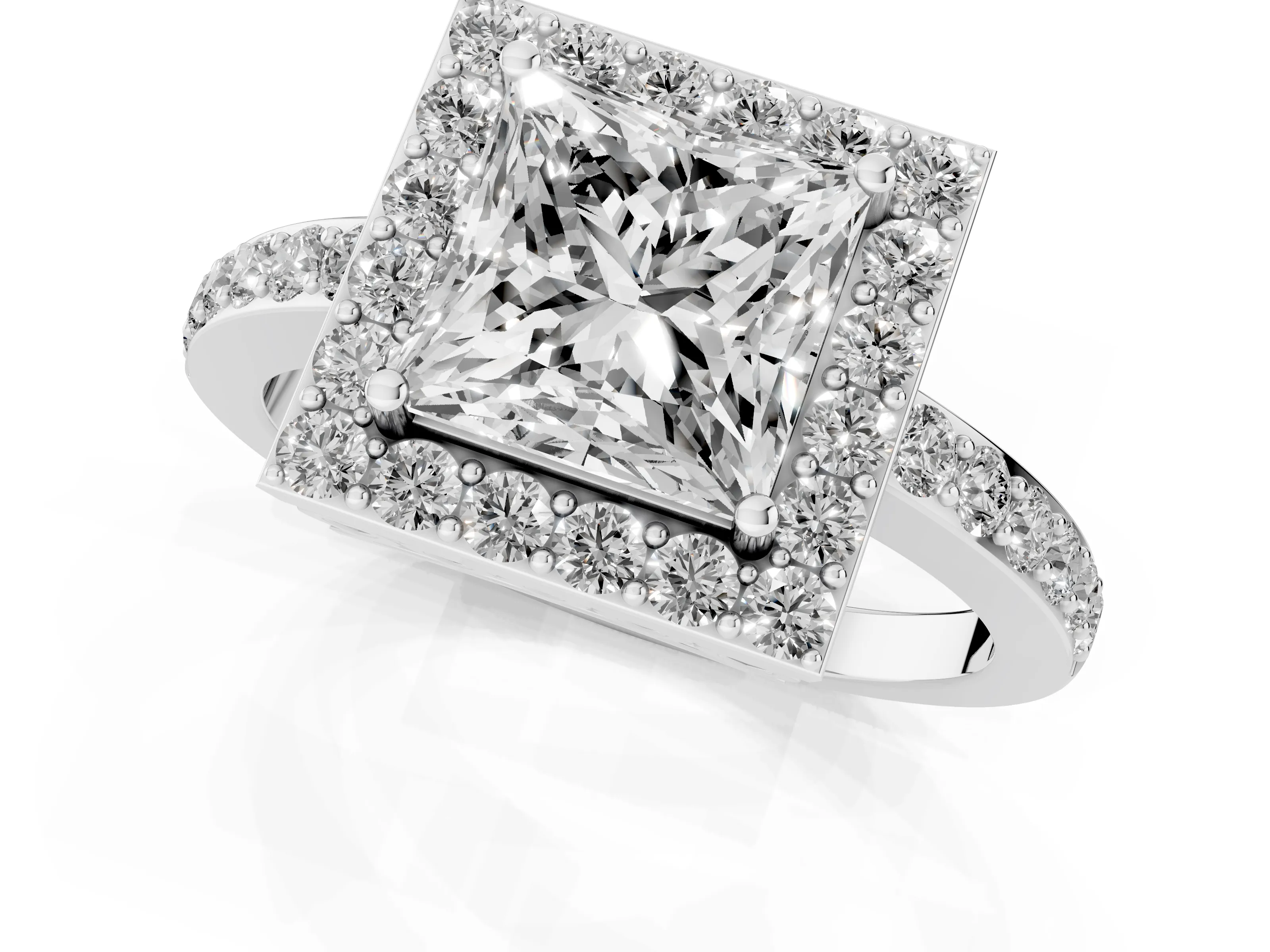Princess Cut Diamond Halo Ring Set in White gold with Pavé-Setting Band and Open Prong Center