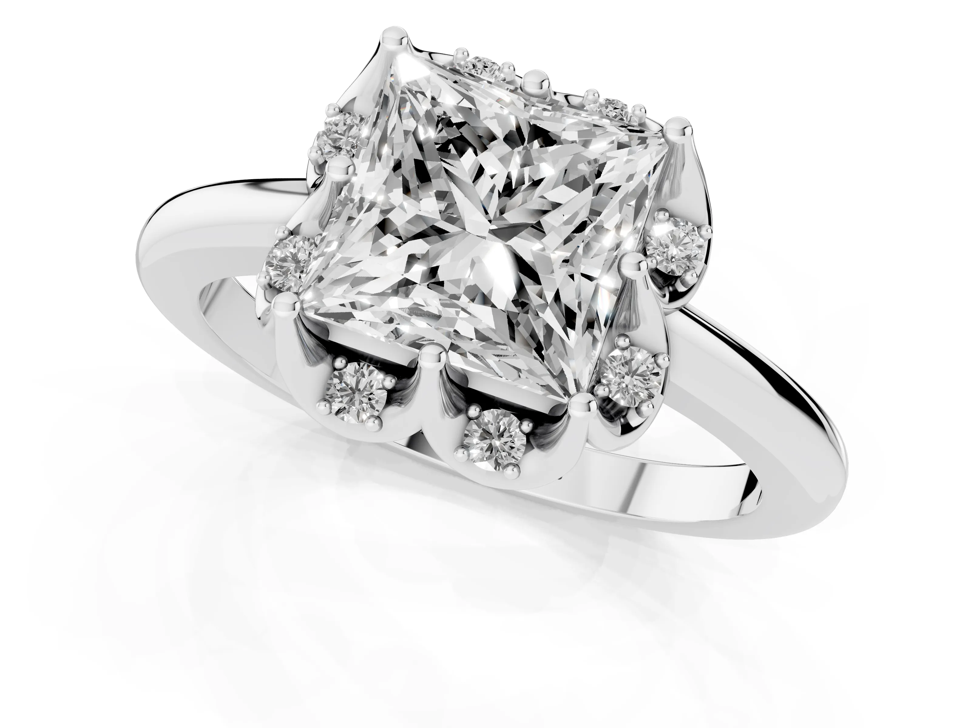 Princess Cut Diamond Round Cluster Halo Ring Set in Silver with Solitaire Band and Prong Setting