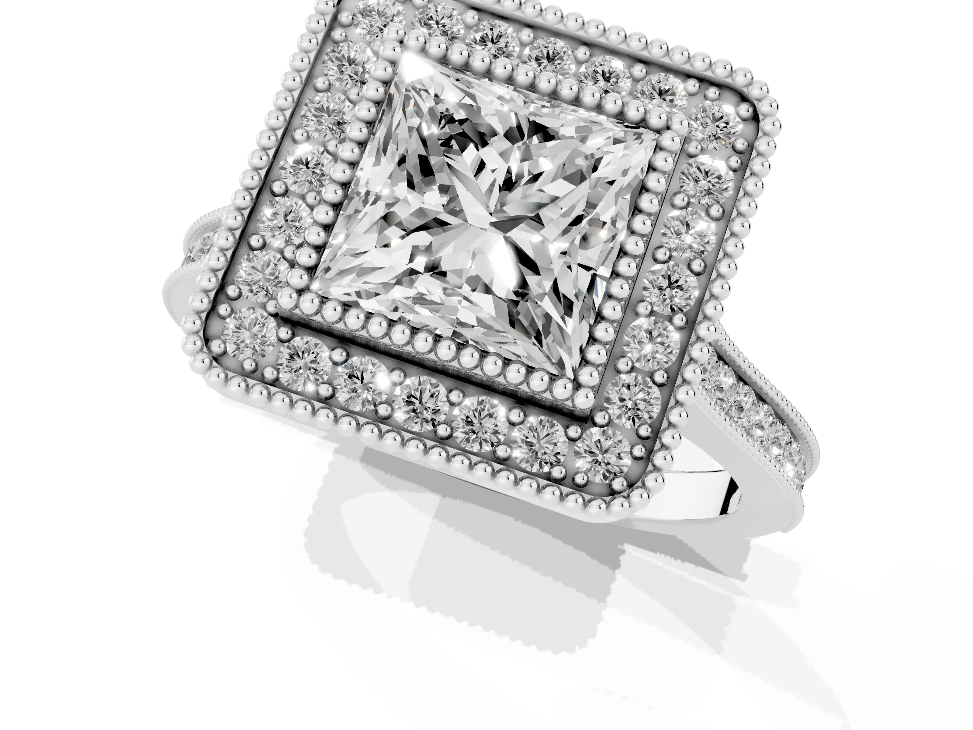 Princess Cut Diamond Halo Ring Set in White gold with Milgrain Frame and Pavé Band