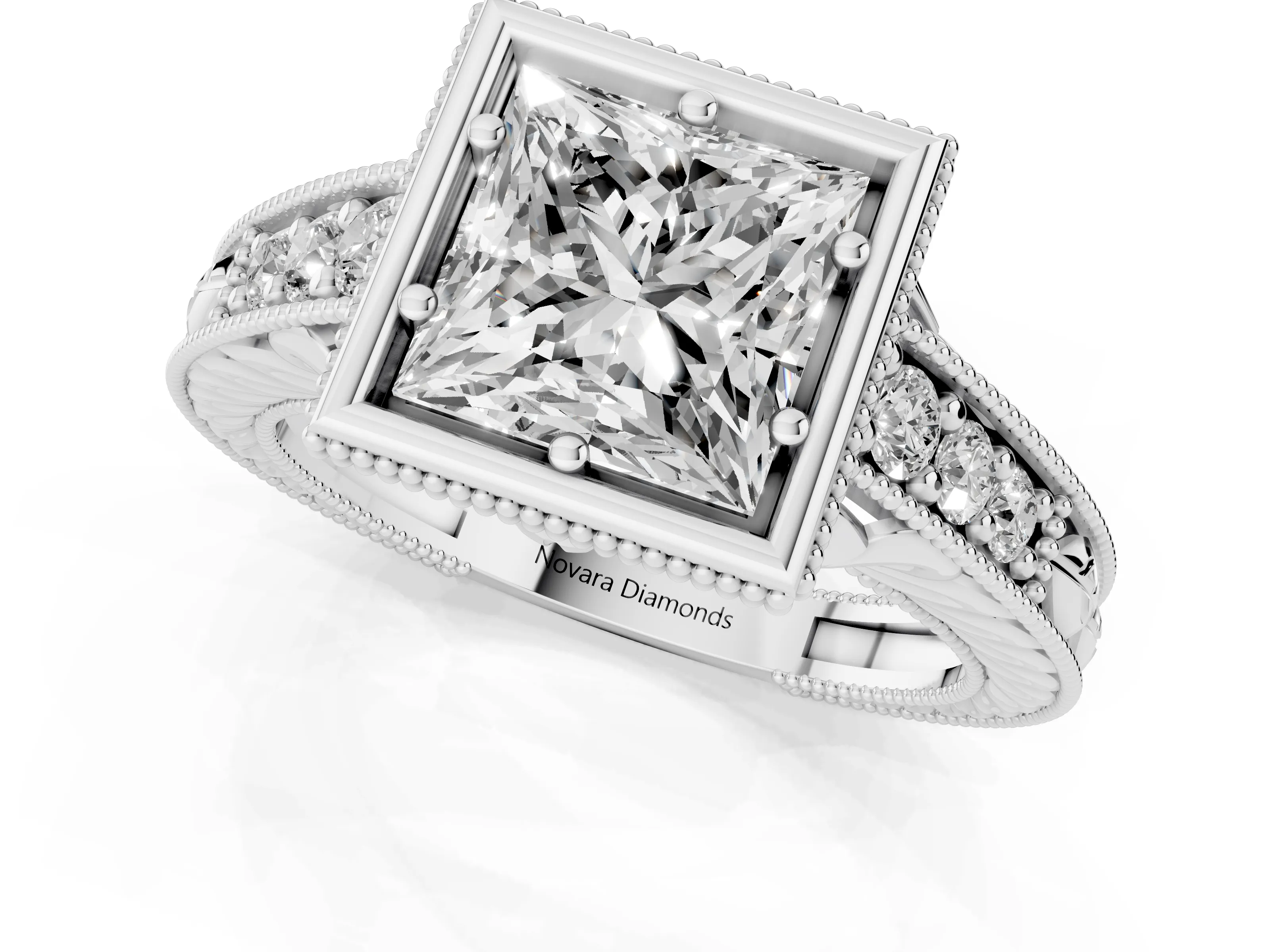 Bezel Set Princess Cut Diamond Milgrain Pavé Engagement Ring Set in White gold – second view