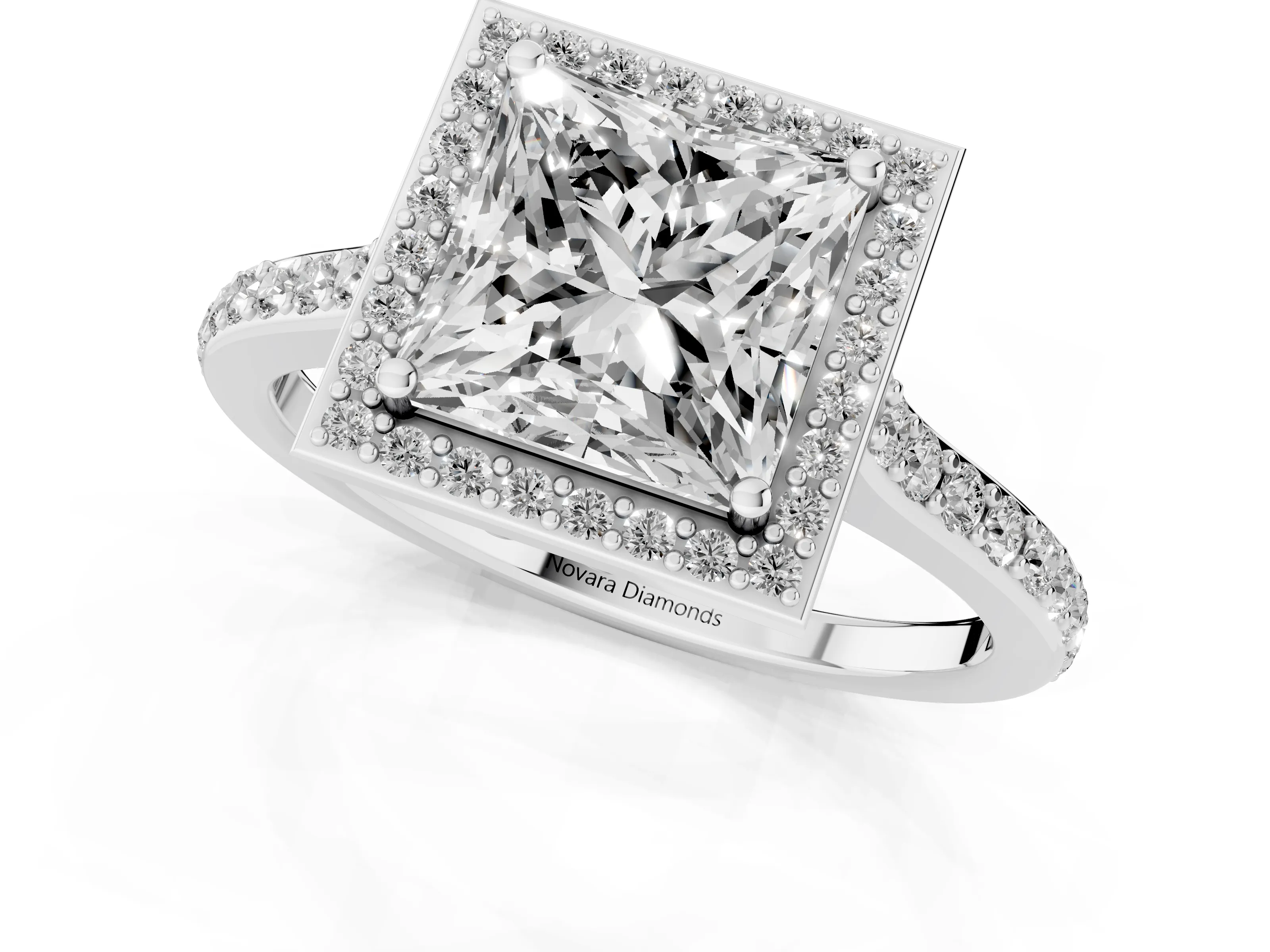 Princess Cut Diamond Halo Engagement Ring Set in Platinum with Round Pavé Shoulders and Heart Gallery – second view