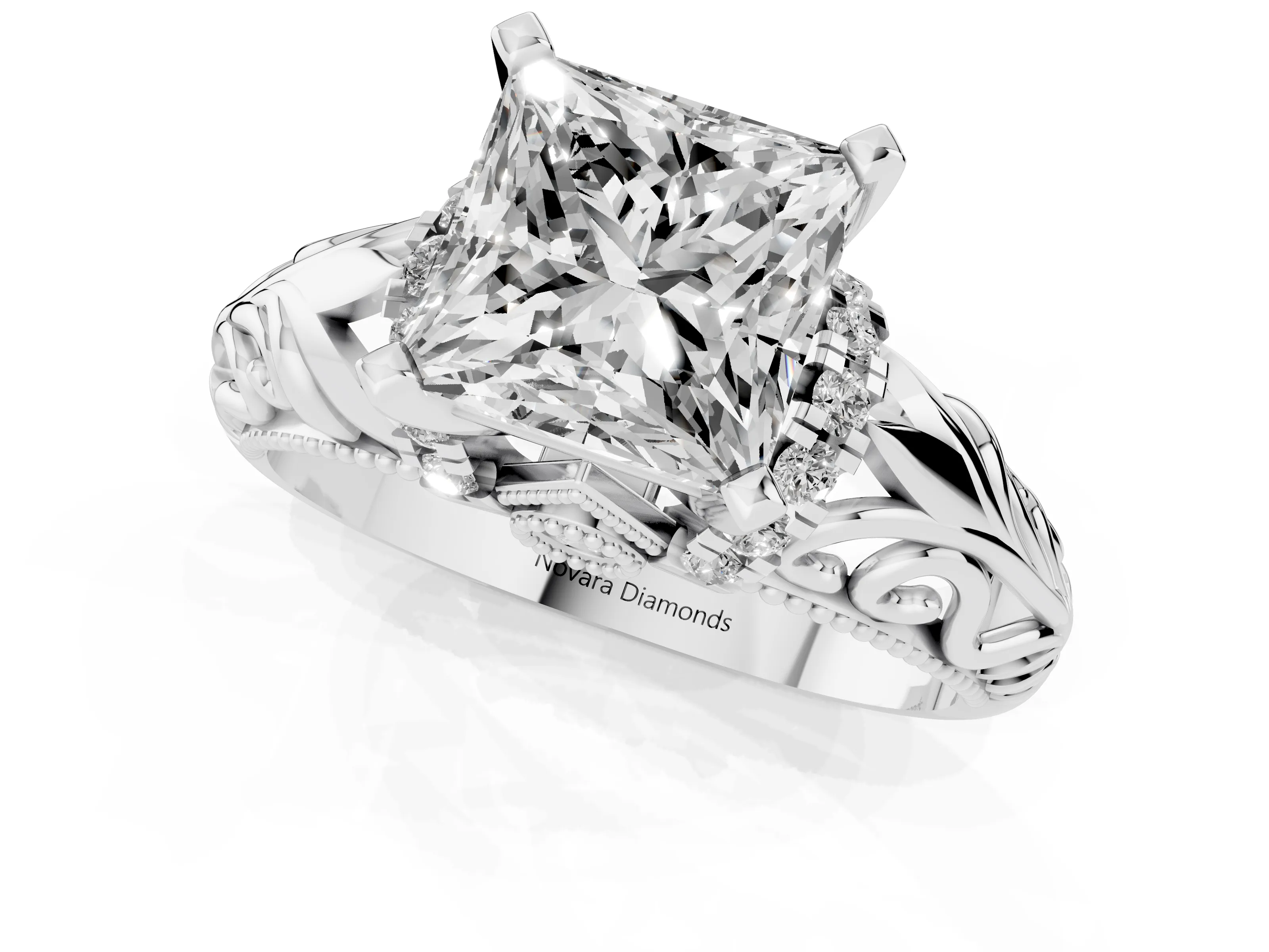 Princess Cut Diamond Filigree Halo Engagement Ring Set in Silver with Prong Setting