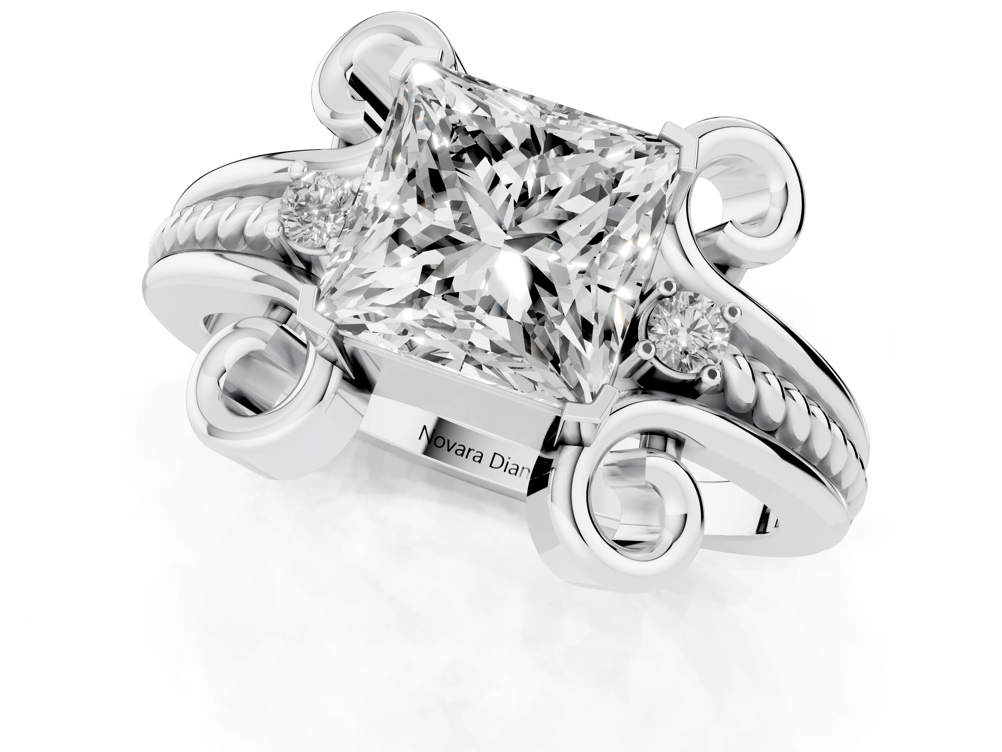 Princess Cut Diamond Twisted Band Solitaire Ring Set in Platinum with Scroll Prongs