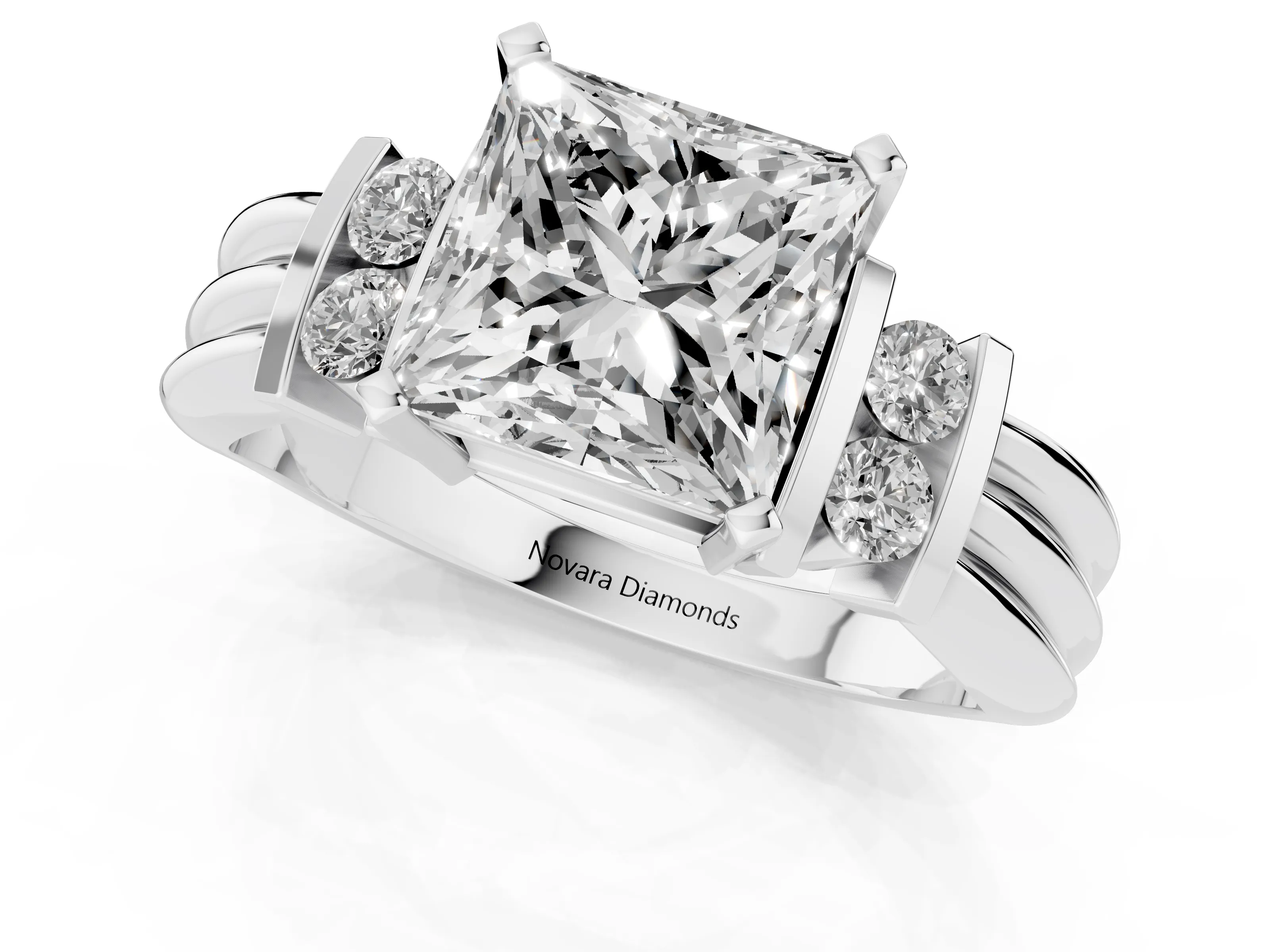 Three-Stone Princess Cut Diamond Channel Set Ring Set in White gold with Bar Prongs